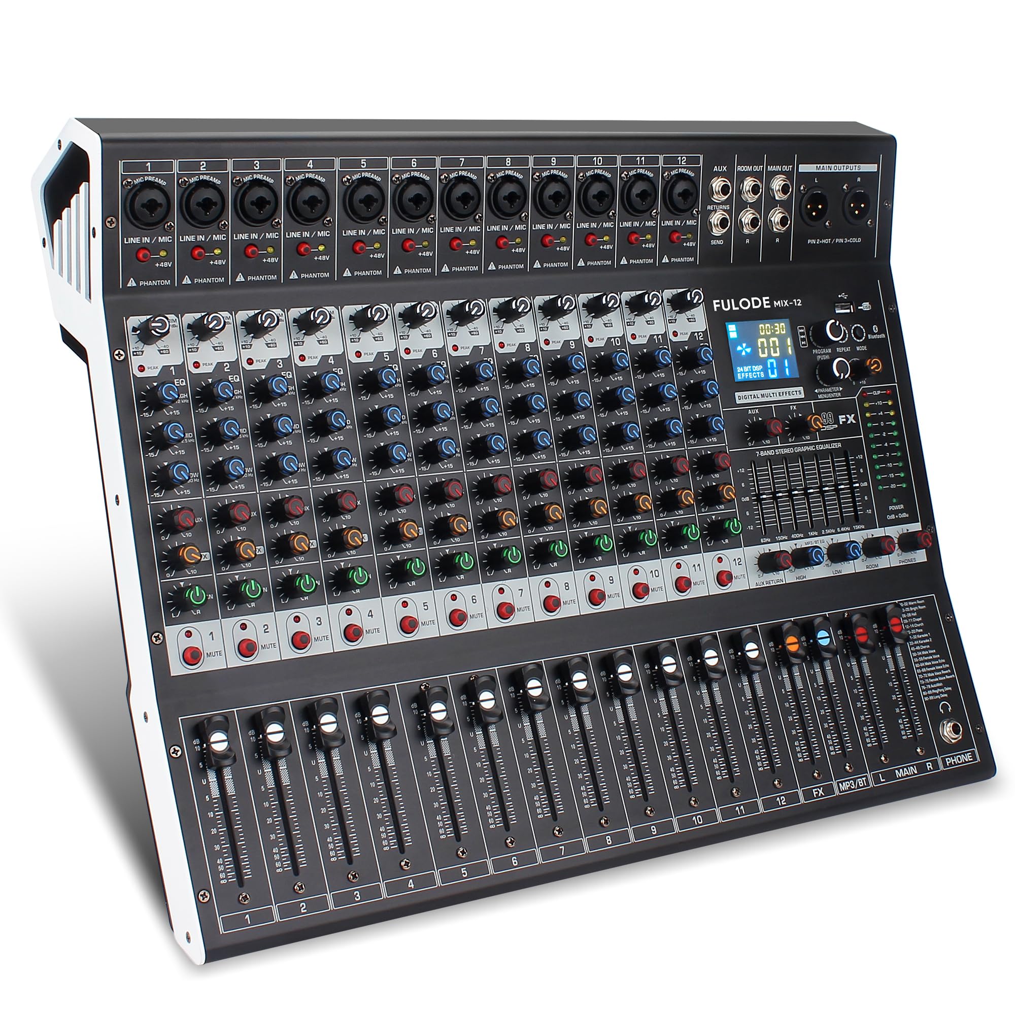 12-Channel Bluetooth Studio Audio Mixer with 99-Bit DSP Digital Processor, USB MP3 for PC Recording, RCA & XLR Microphone Inputs, 48V Phantom Power – Perfect for DJs, Podcasters, and Home Studio Recording