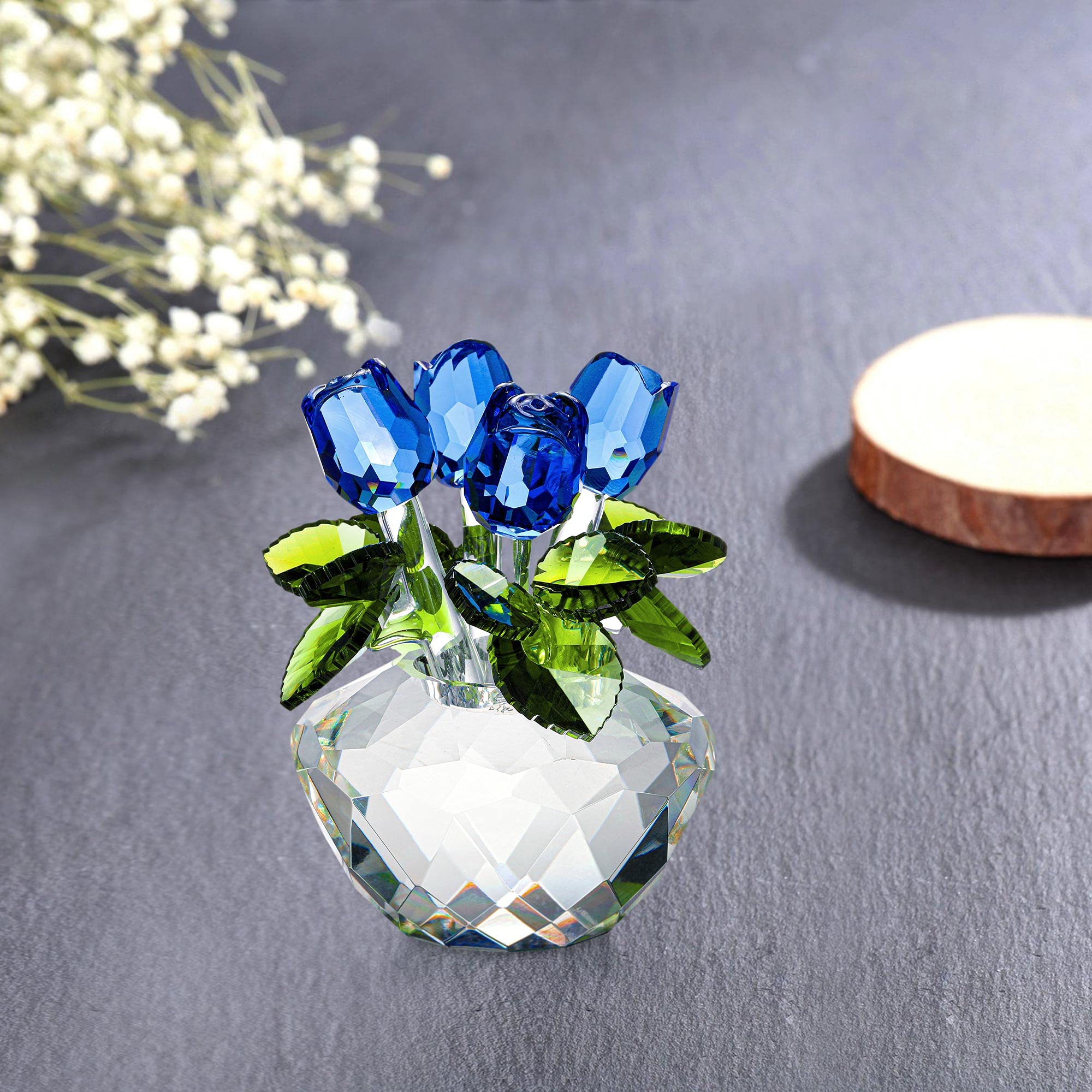 Blue Crystal Rose Bouquet - Handcrafted Glass Flower Figurine for Home Desk Decor | Elegant Gift for Women, Valentine's Day, Christmas & Birthday | Perfect for Wedding Centerpieces, Anniversary Gifts & Collectible Display