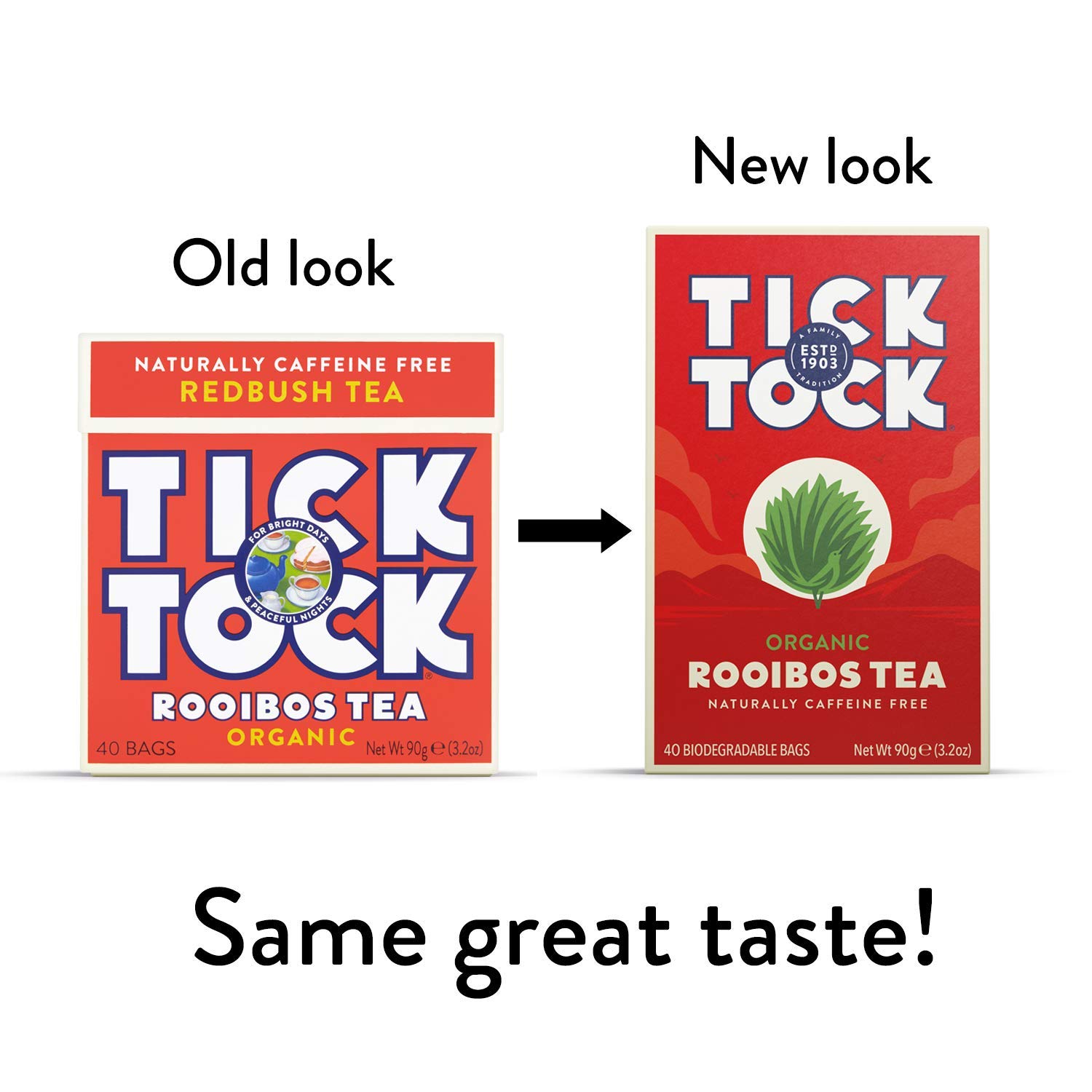 Organic Rooibos Tea Bags - 40 Count | TICK TOCK TEAS | Caffeine-Free Herbal Tea | USDA Certified | Perfect for Relaxation, Stress Relief & Evening Tea Time