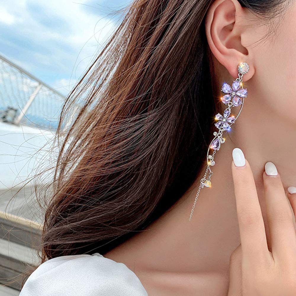 Xerling Crystal Wedding Flower Drop Earrings for Women – Elegant Long Purple Flower Tassel Dangle Earrings with Rhinestones | Perfect for Bridal, Prom, Evening Party & Special Occasions