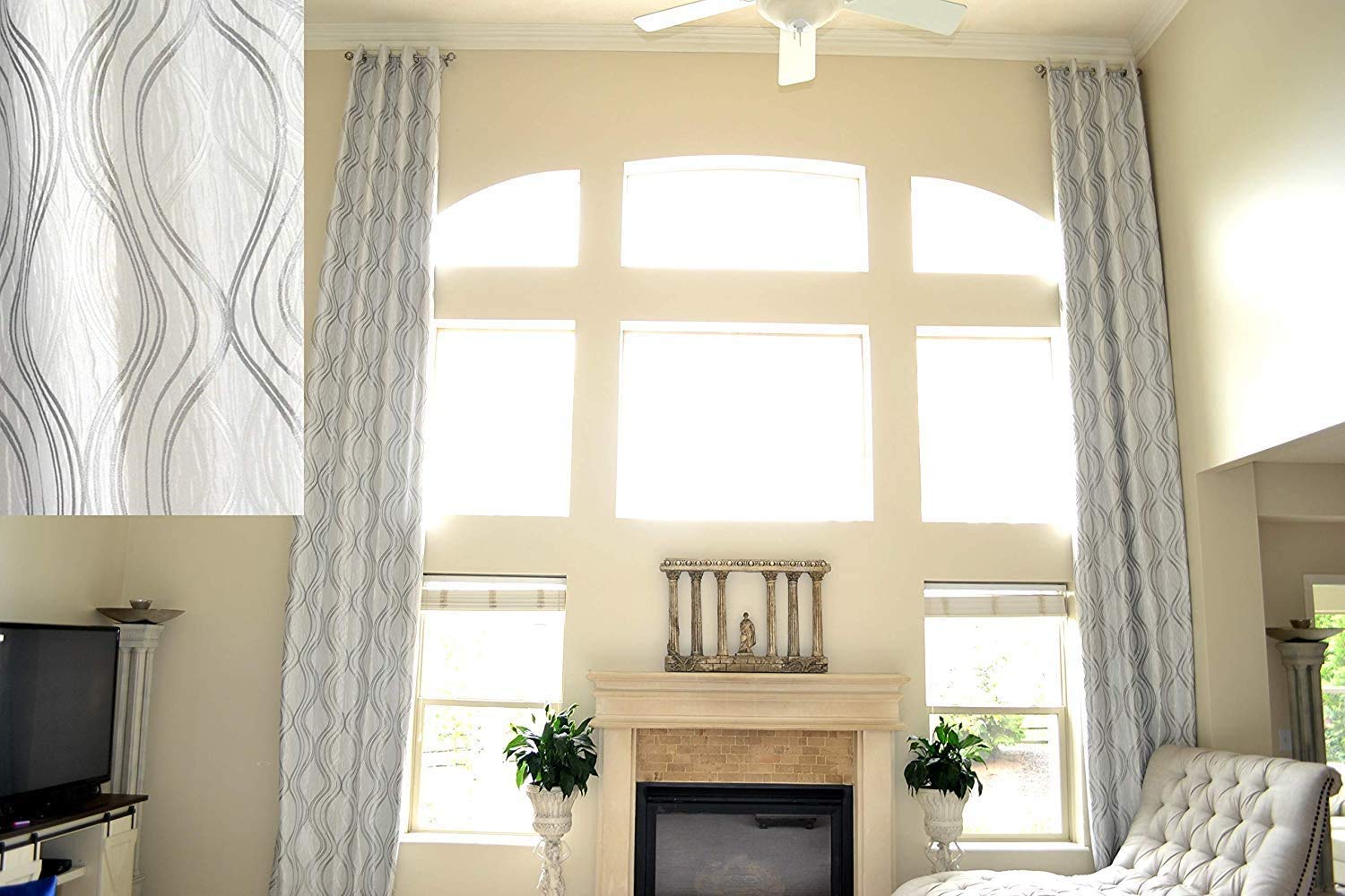 Ikiriska Extra Long Jacquard Curtains - White & Gray/Silver Pattern, Grommet Top (100
