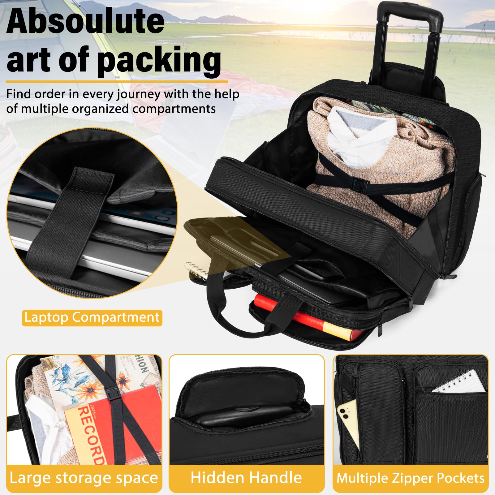 17.3 Inch Rolling Laptop Bag with Wheels - Wheeled Briefcase with RFID Blocking Pocket & Water Repellent - Underseat Travel Roller Bag for Business Trips, Airplane Carry-On & Overnight Stays