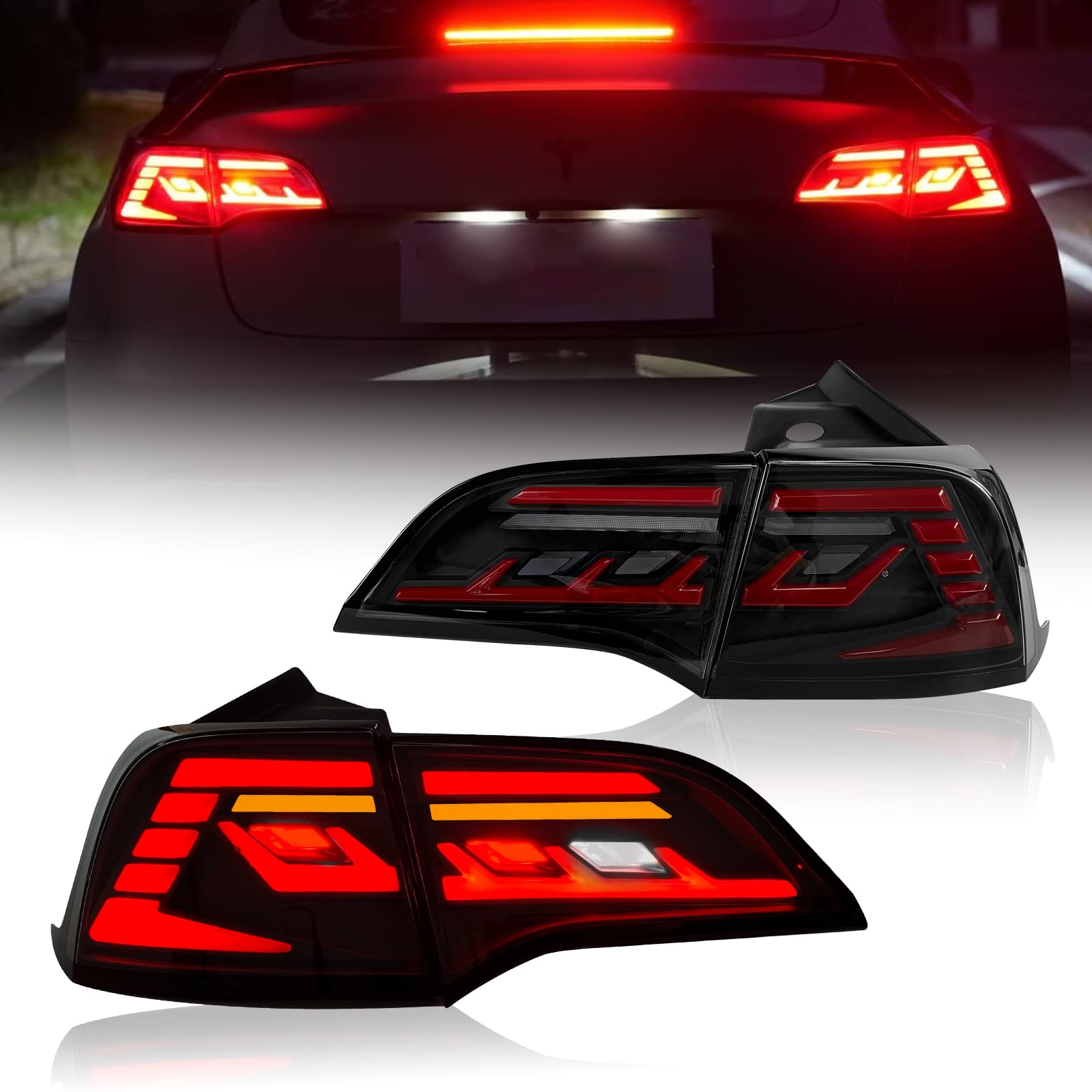 Smoked LED Tail Lights for Tesla Model 3 & Model Y (2017-2021) - Sequential Turn Signal DRL Taillight Assembly Pair (Left & Right) - Upgrade Your Tesla's Style & Safety for Night Driving & Enhanced Visibility