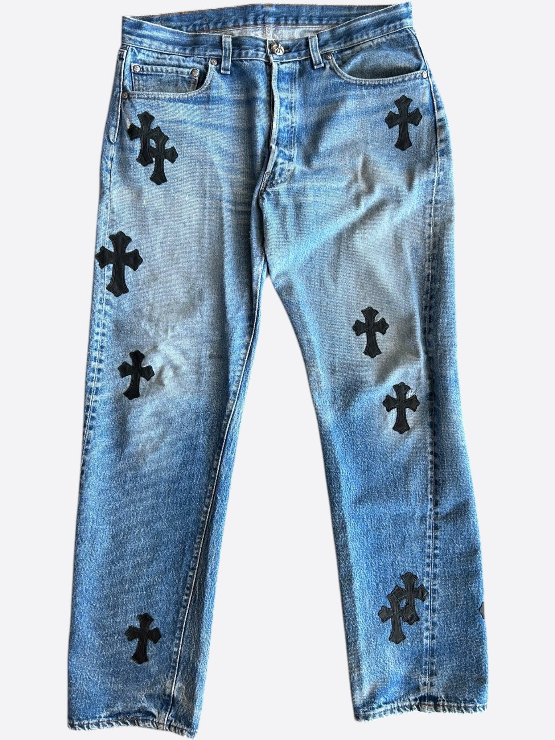 Chrome Hearts x Levi's Blue & Black Cross Patch Denim Jeans for Men - Stylish Vintage Streetwear for Casual Outfits and Night Out