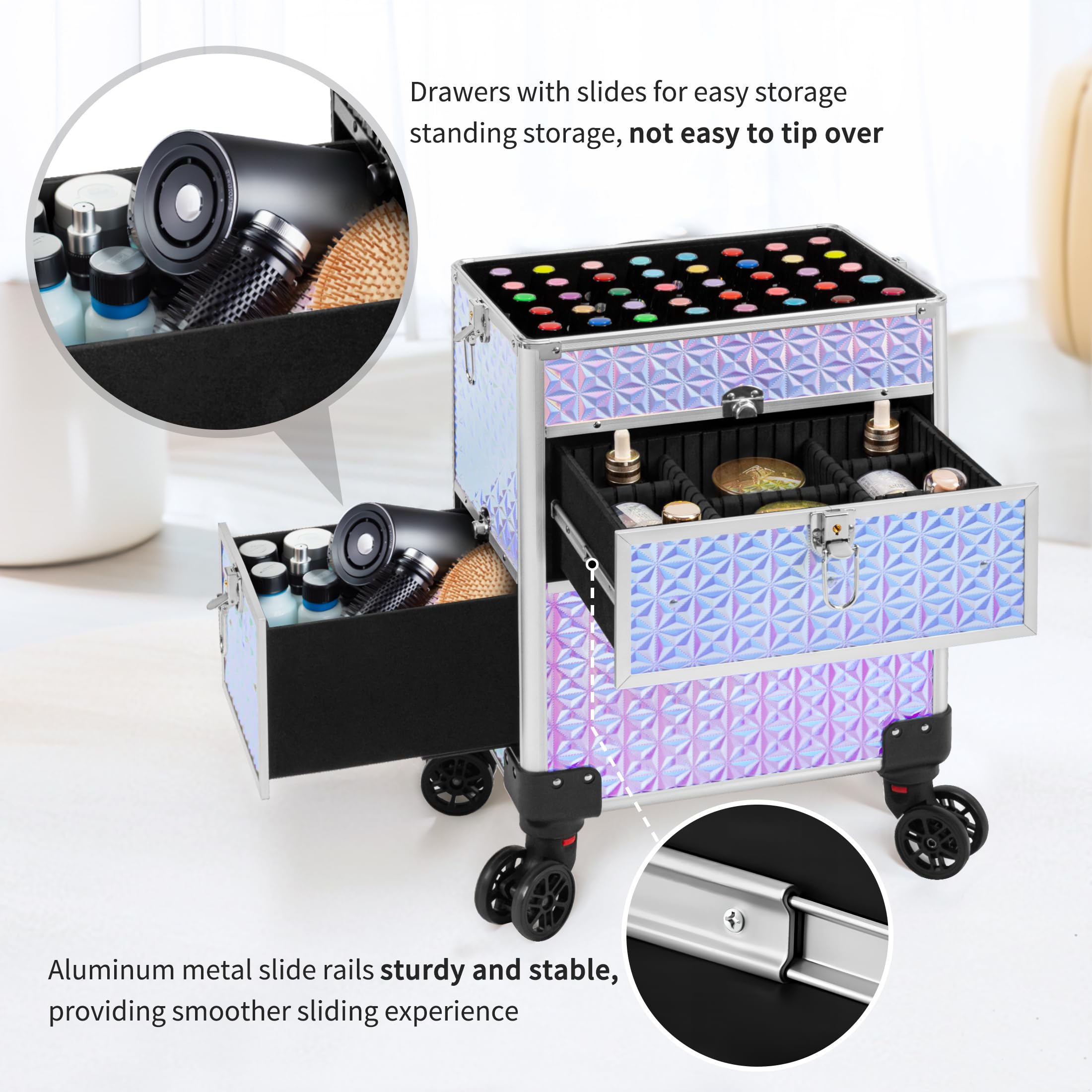 4 in 1 Rolling Makeup Case with Drawers - Multi-functional Cosmetic Trolley with Wheels & Lock - Large Storage Travel Cart for Nail Technicians, Makeup Artists & Hairstylists (Silver) - Perfect for Salon, Travel & Professional Makeup Organization