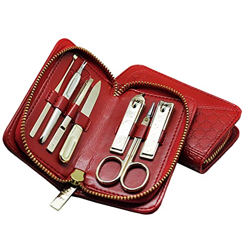 Premium 7-in-1 Stainless Steel Manicure & Pedicure Kit with Nose Hair Scissors - Professional Nail Clippers Set for Adults (Red/Brown) | Perfect Gift for Home, Travel & Salon Use
