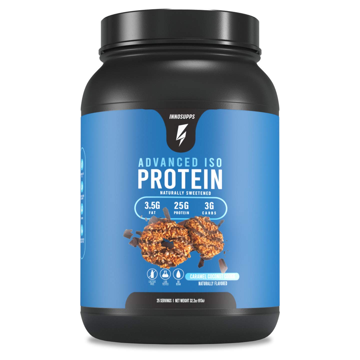 InnoSupps Advanced Iso Protein Powder - 100% Whey Isolate, Low Carb & Fat, 25g Protein per Serving | Hormone, Gluten & Soy Free | No Artificial Sweeteners | Caramel Coconut Cookie Flavor | Ideal for Post-Workout Recovery & Muscle Building