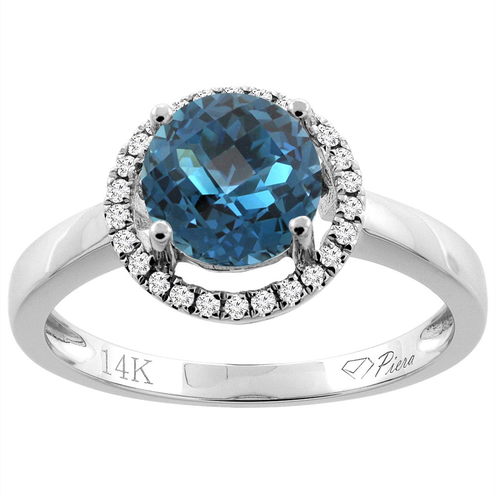 14K Gold Natural London Blue Topaz Ring with Round 7mm Diamond Accents - Size 5-10 | Silver City Jewelry | Elegant Engagement, Wedding, Anniversary Gift for Women