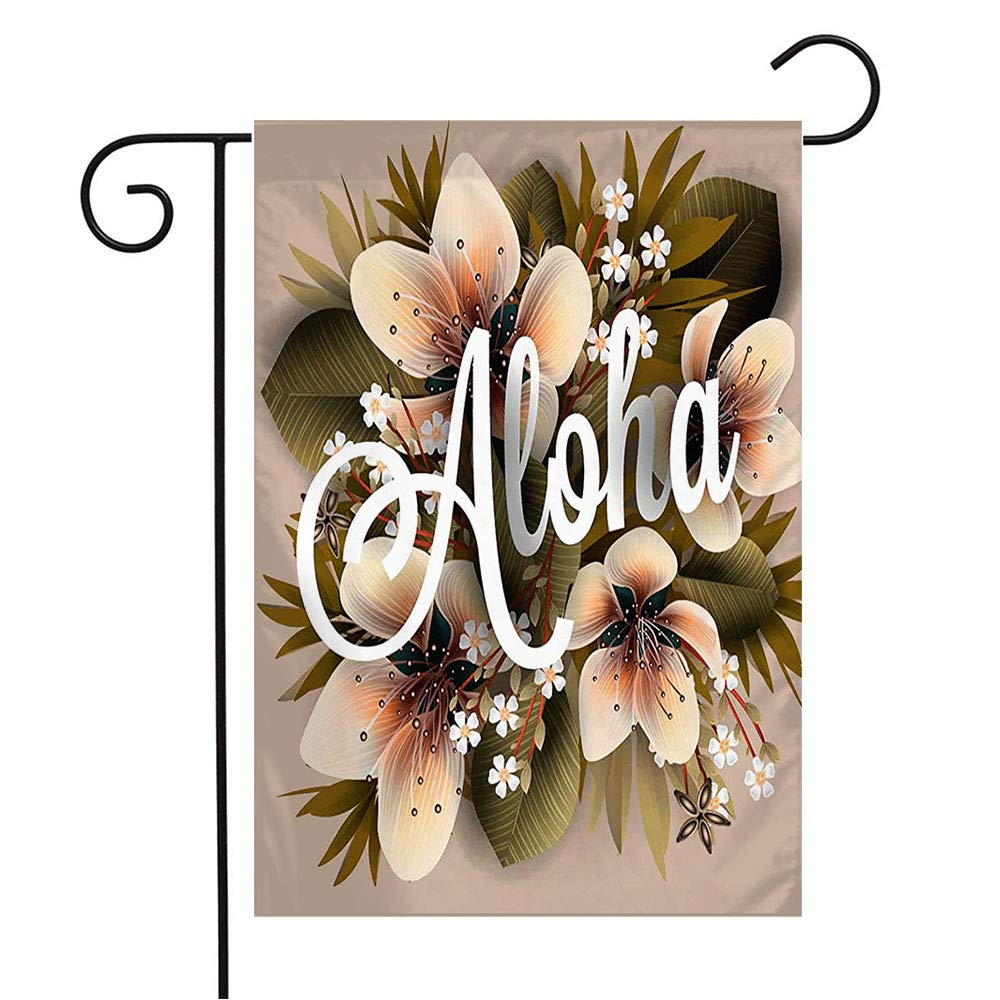 Aloha Tropical Garden Flag - Hand Lettered Hibiscus, Pink Lily & Orchid Design with Plumeria Flowers & Palm Leaf Pattern - 12x18 Inch Seasonal Outdoor Decor for Patio, Lawn & Home - Perfect Hawaiian-Themed Gift for Summer Parties & Luau Events