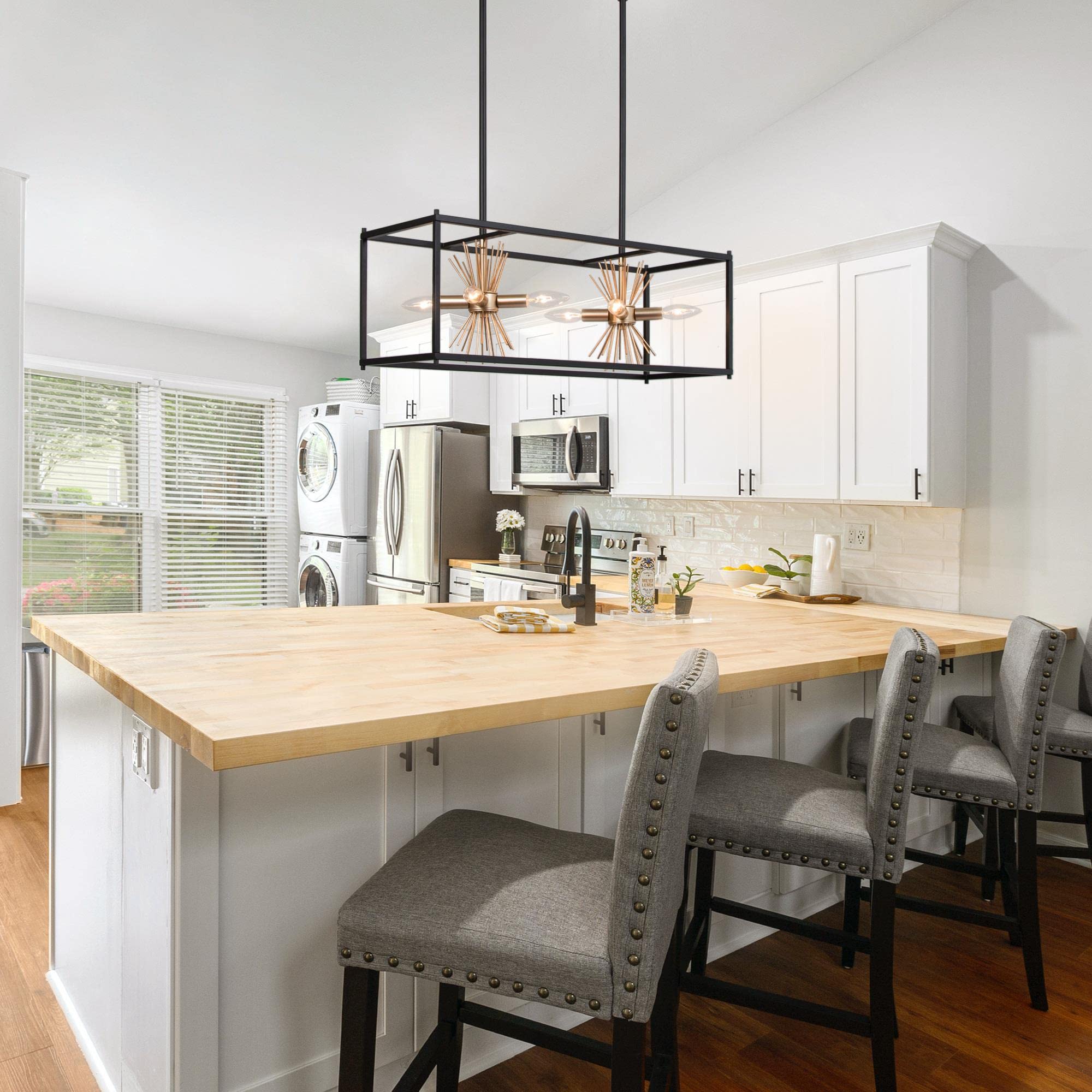 Uolfin Black Gold Chandelier - Modern Farmhouse 8-Light Rectangular Island Lighting Fixture for Kitchen, Dining Room & Living Room | Perfect for Rustic Home Decor, Open Concept Spaces & Luxury Interior Design