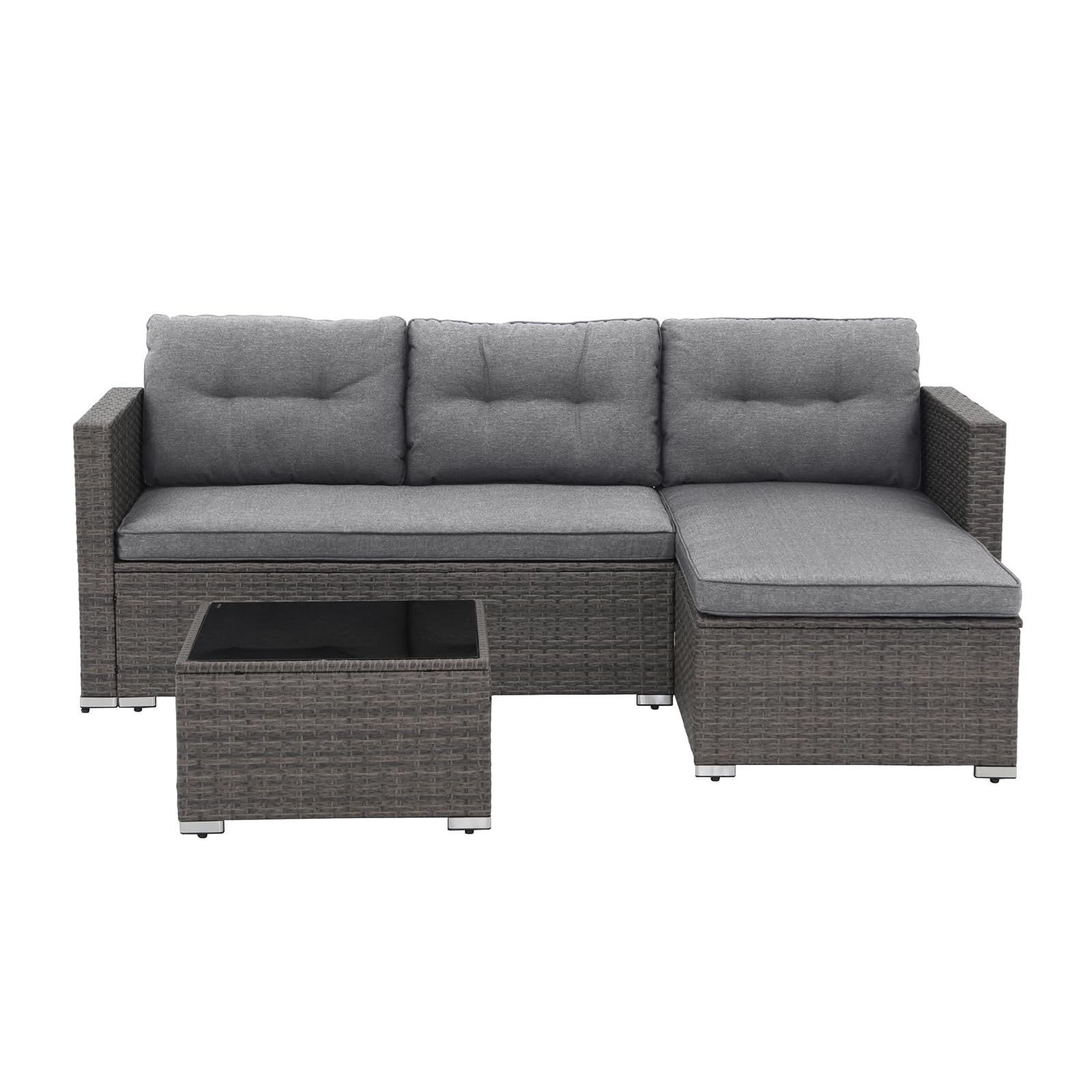 JOIVI 3-Piece All-Weather Outdoor Patio Furniture Set - Wicker Rattan Sectional Sofa with Cushions & Tempered Glass Table - Gray - Perfect for Backyard, Garden, Poolside & Patio Relaxation