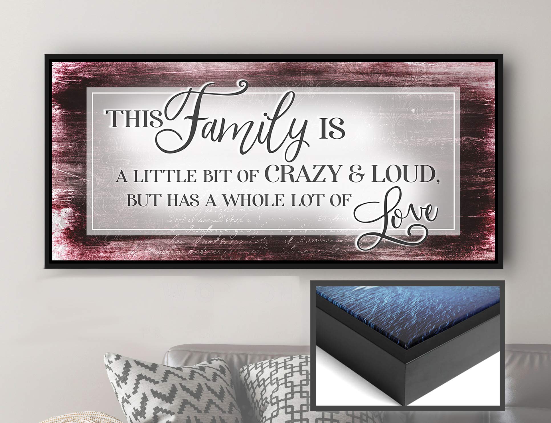 Family Sign Wall Art - Large Canvas Home Decor for Living Room & Farmhouse - 'This Family Is A Little Bit Crazy' Funny Quote - Red Wine & Black Floating Frame 42x19 - Perfect for Housewarming Gifts & Rustic Interior Design