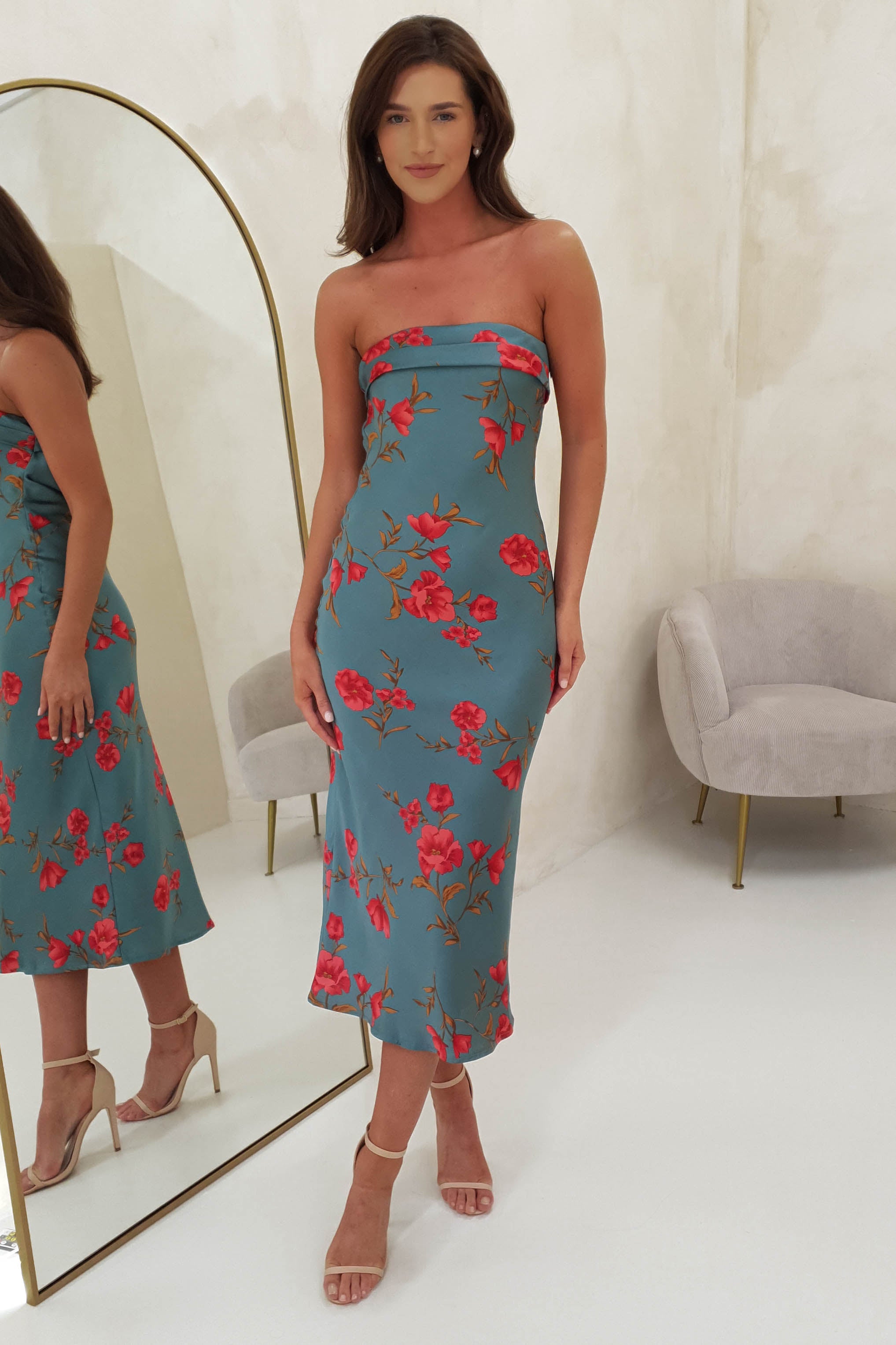 Valencia Floral Print Strapless Midi Dress - Teal Blue Summer Dress for Women | Beach Wedding, Vacation, Party Outfit