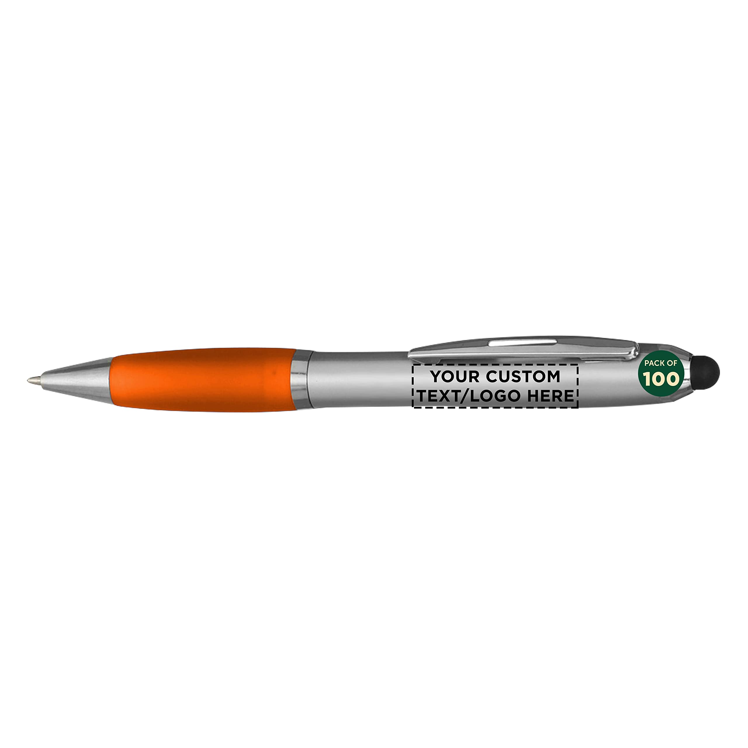 Custom Stylus Ballpoint Pens - Set of 100 Bulk Pack with Black Ink - Personalized Promotional Pens for Office, School, Business, Tradeshows & Events - Orange Color - Perfect for Corporate Gifts, Giveaways, Branding & Everyday Writing Needs