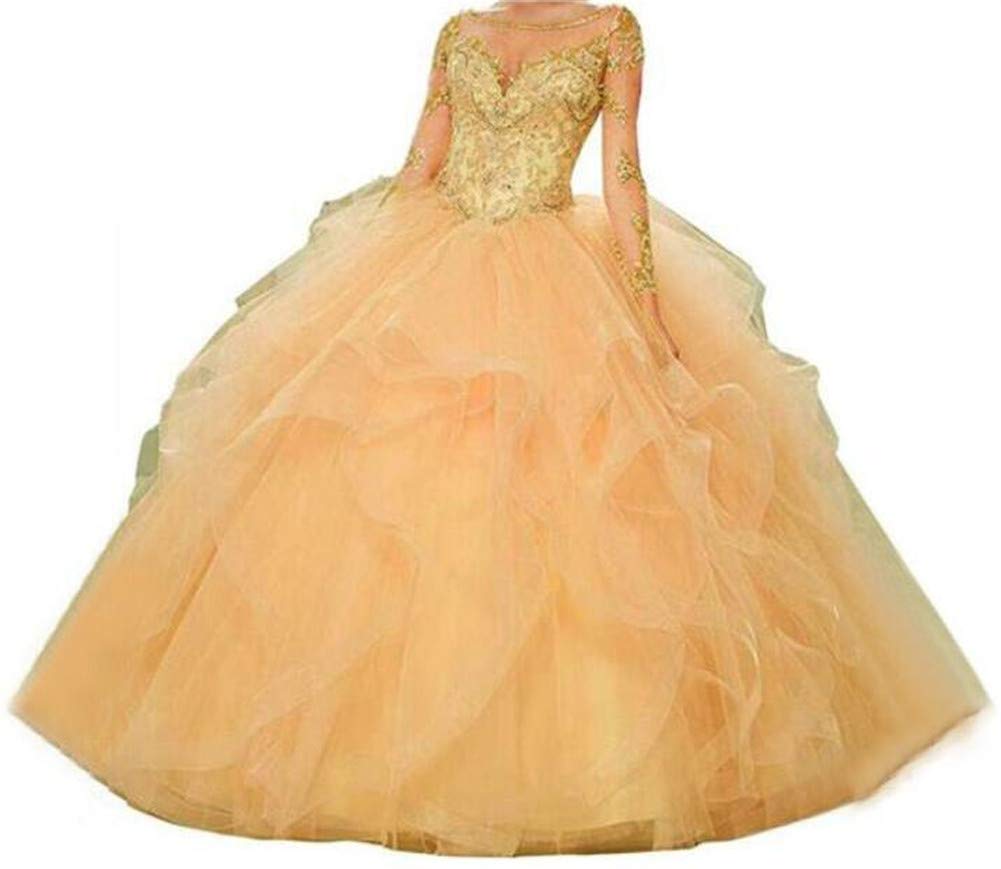 Elegant Champagne Sweet 16 Quinceanera Dress with Sheer Neck & Beaded Details - Long Sleeve Prom Ball Gown for Women | Perfect for Quinceañeras, Debutante Balls & Formal Evening Events