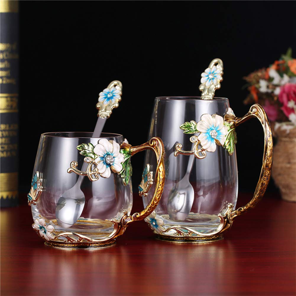 Handmade Enamel Tea Cup Glass Coffee Mugs (12 oz) with Spoon Set - Light Blue Tall - Perfect for Mother's Day, Birthday, Wedding Anniversary & Christmas Gifts for Women - Ideal for Tea, Coffee, Hot Chocolate & Dessert Serving at Home or Office