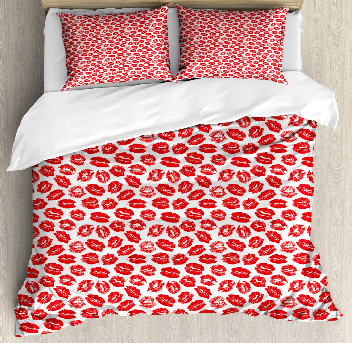 Lunarable Kiss Duvet Cover Set - Red Luscious Lips & Lipstick Imprint Design, 3-Piece King Size Bedding Set with 2 Pillow Shams in Dark Pink & White | Romantic Bedroom Decor for Couples, Valentine's Day Gift, Stylish Home Makeover