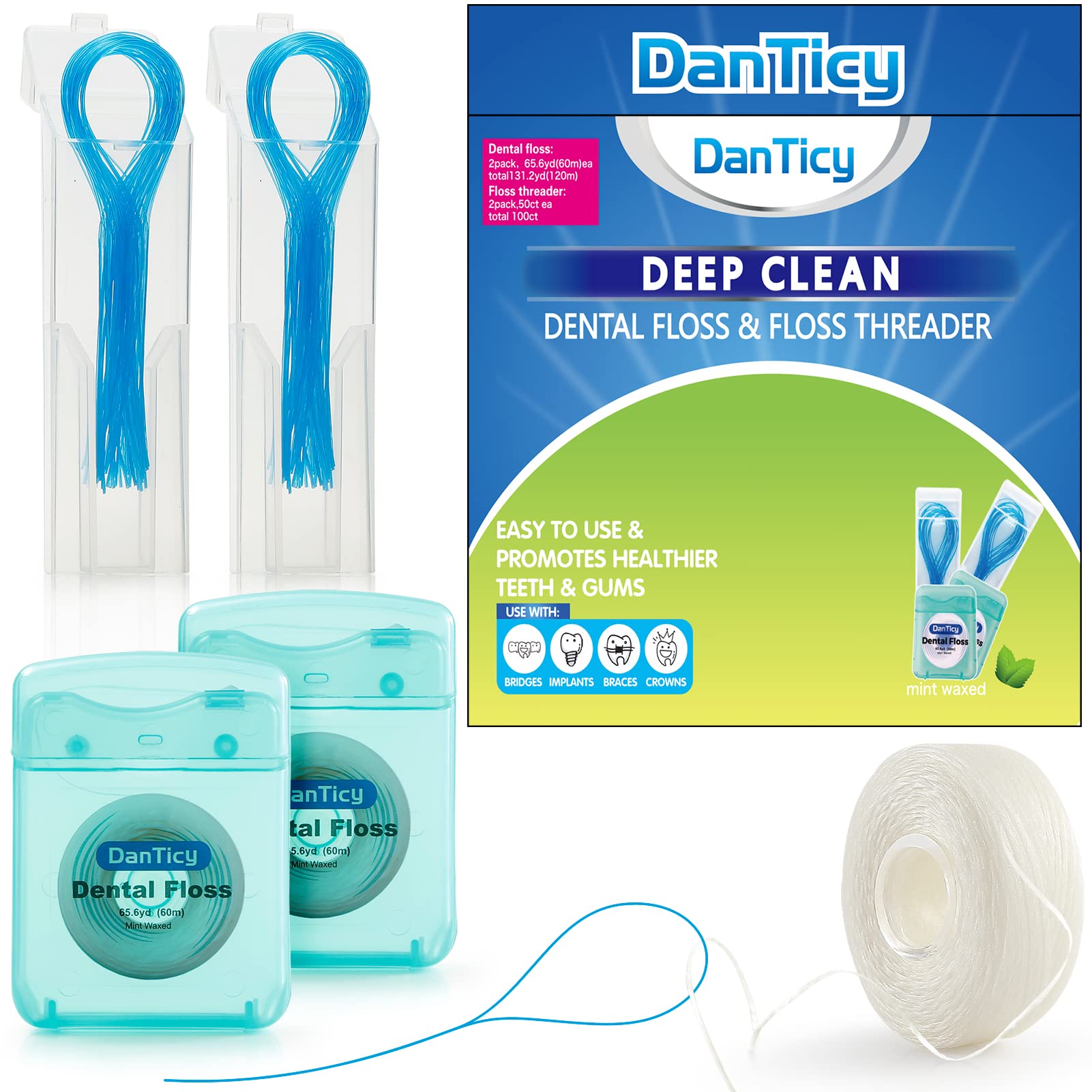 **PFAS-Free Mint Dental Floss & Threaders Set (167FT Floss + 50 Threaders) – Deep Cleaning for Braces, Bridges & Implants – Perfect for Travel & Oral Care Routine**