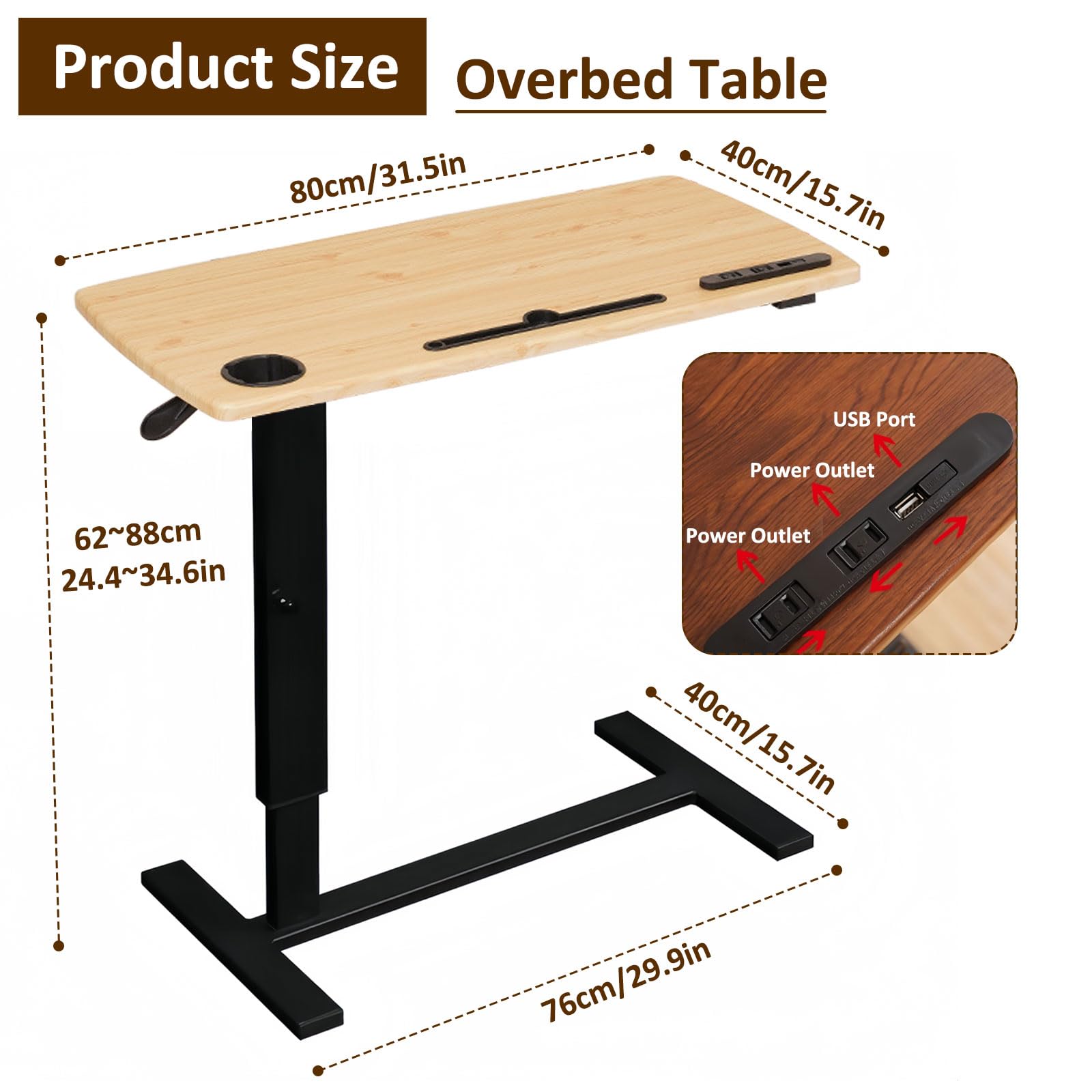 Adjustable Height Overbed Table with Hidden Wheels - Pneumatic Standing Desk for Laptop with Power Outlet & USB Ports - Perfect for Hospital, Home Office, and Bedside Use