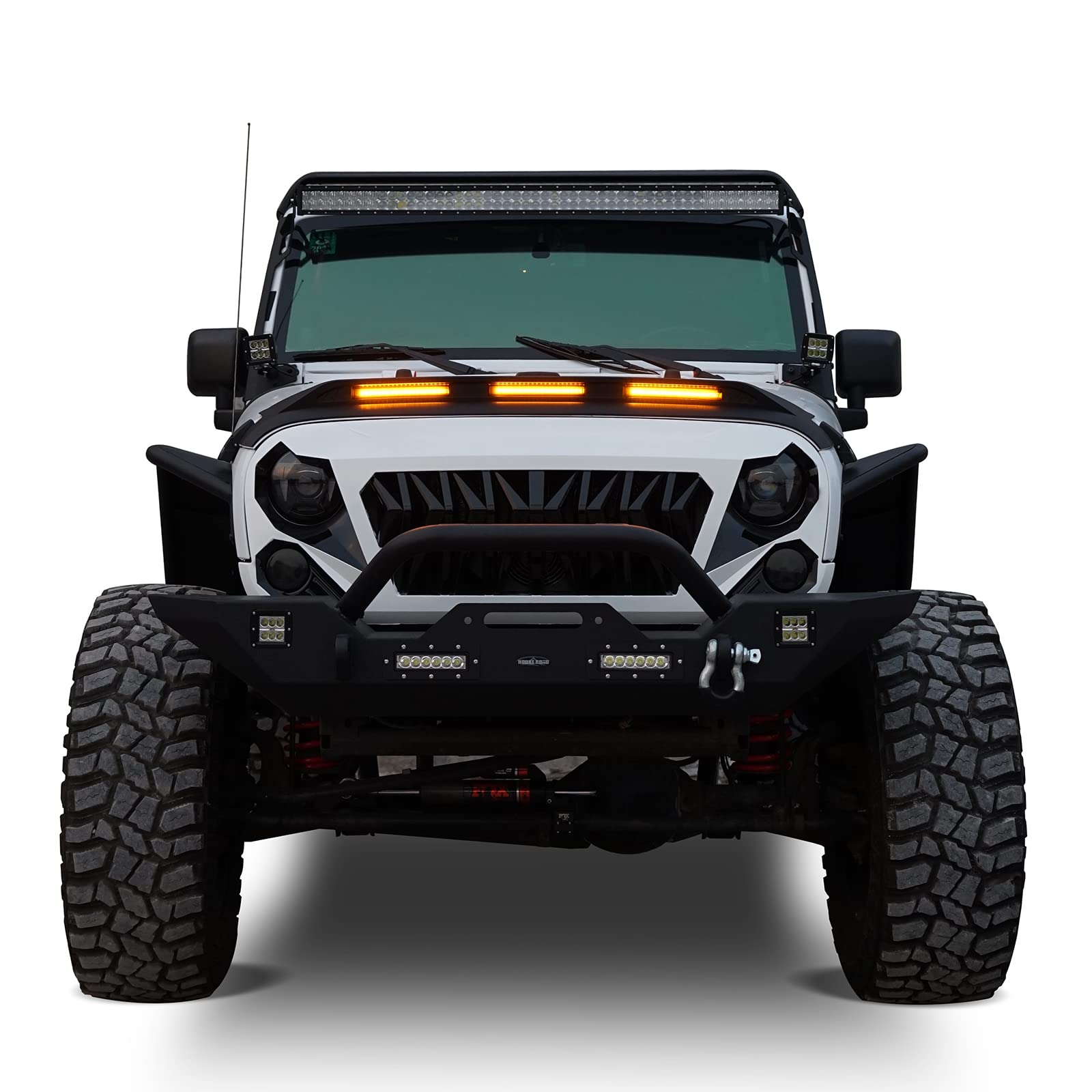 Hooke Road Jeep Wrangler JK Hood Protector (2007-2018) - Bug Deflector & Windshield Guard with Amber LED Lights | Off-Road Protection & Highway Driving Accessory