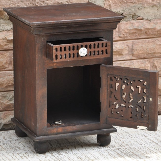 Hand Carved Solid Wood Nightstand - Rustic Brown Bedside Table with Drawer for Bedroom, Living Room & Home Decor