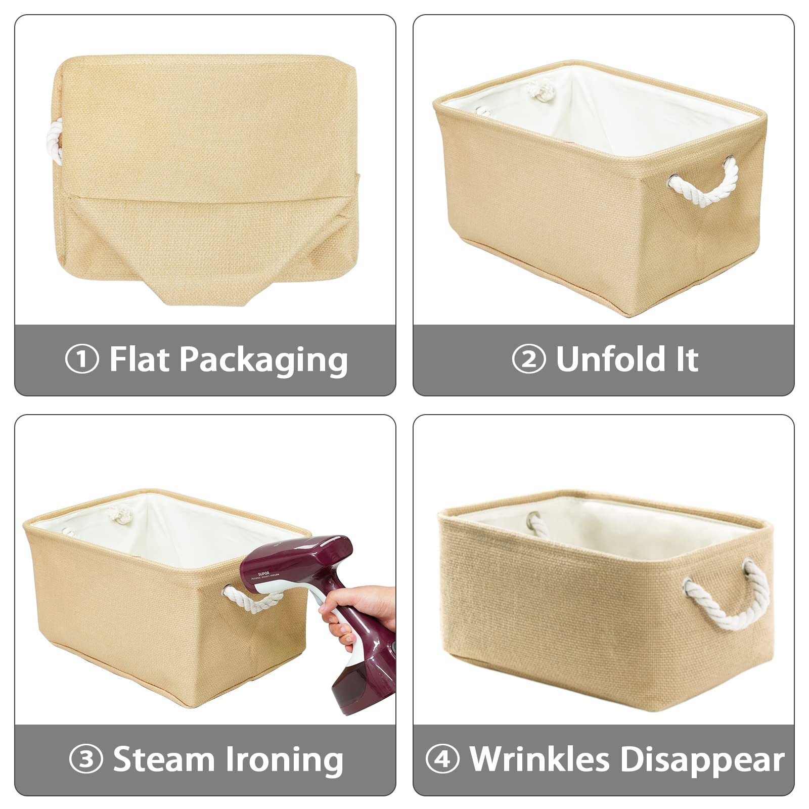 Decorative Fabric Storage Basket with Handles - Rectangular Clothes Organizer Bin for Home, Bedroom & Closet (Beige, Medium 13.8