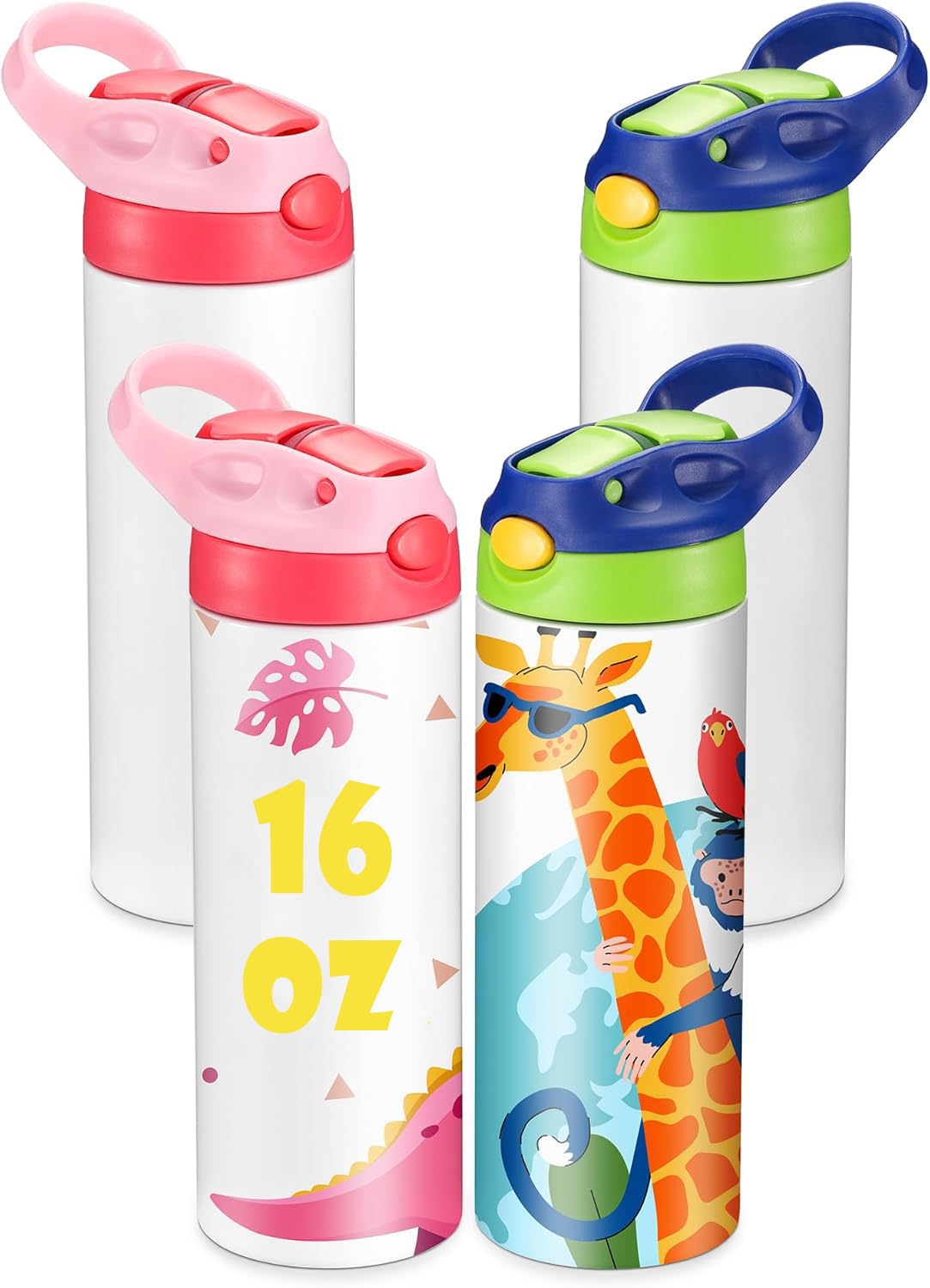OFFNOVA 16oz Kids Sublimation Tumbler with Handle - 4 Pack Blank Water Bottles for Sublimation, Perfect for Milk, Juice, Soda & Drinks - Great for School, Sports, Travel & Outdoor Activities