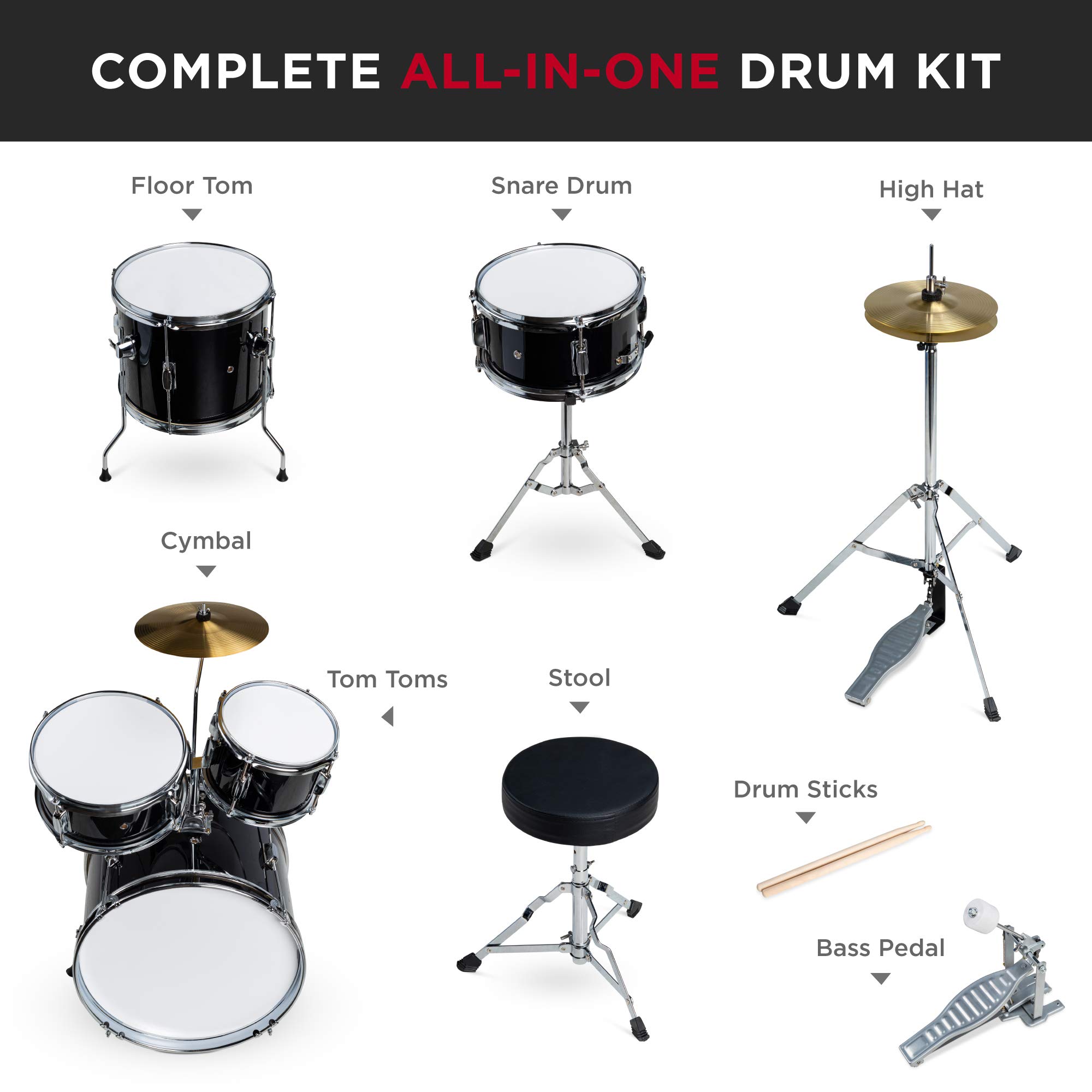 Best Choice Products 5-Piece 16in Kids Drum Set - Junior Drum Kit with Cymbals, Pedal, Drumsticks, Stool, Toms, Snare & Hi-Hat - Perfect Beginner Percussion Set for Children (Black) | Ideal for Home Practice, Music Lessons & Early Childhood Development