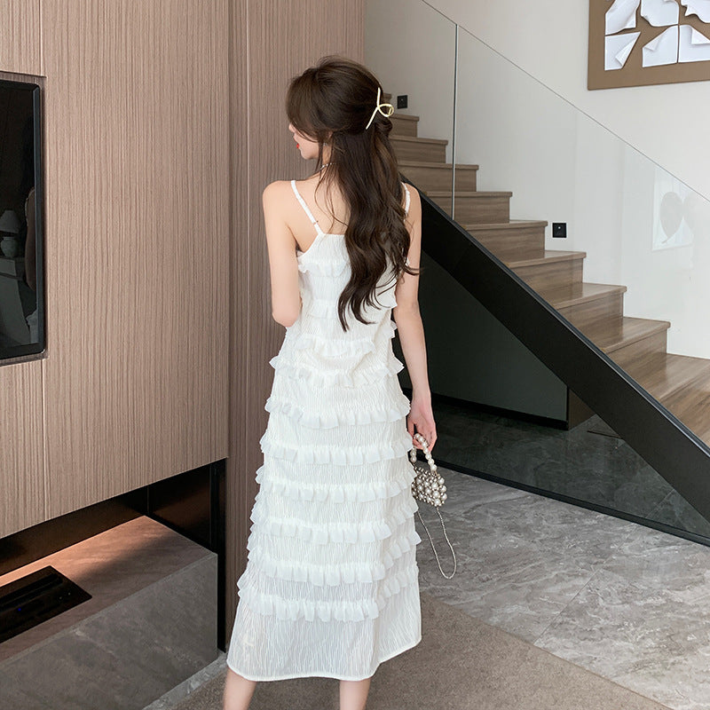 Elegant French White Suspender Dress - Summer Fairy Long Layered Skirt for Women | Perfect for Weddings, Parties & Romantic Outfits