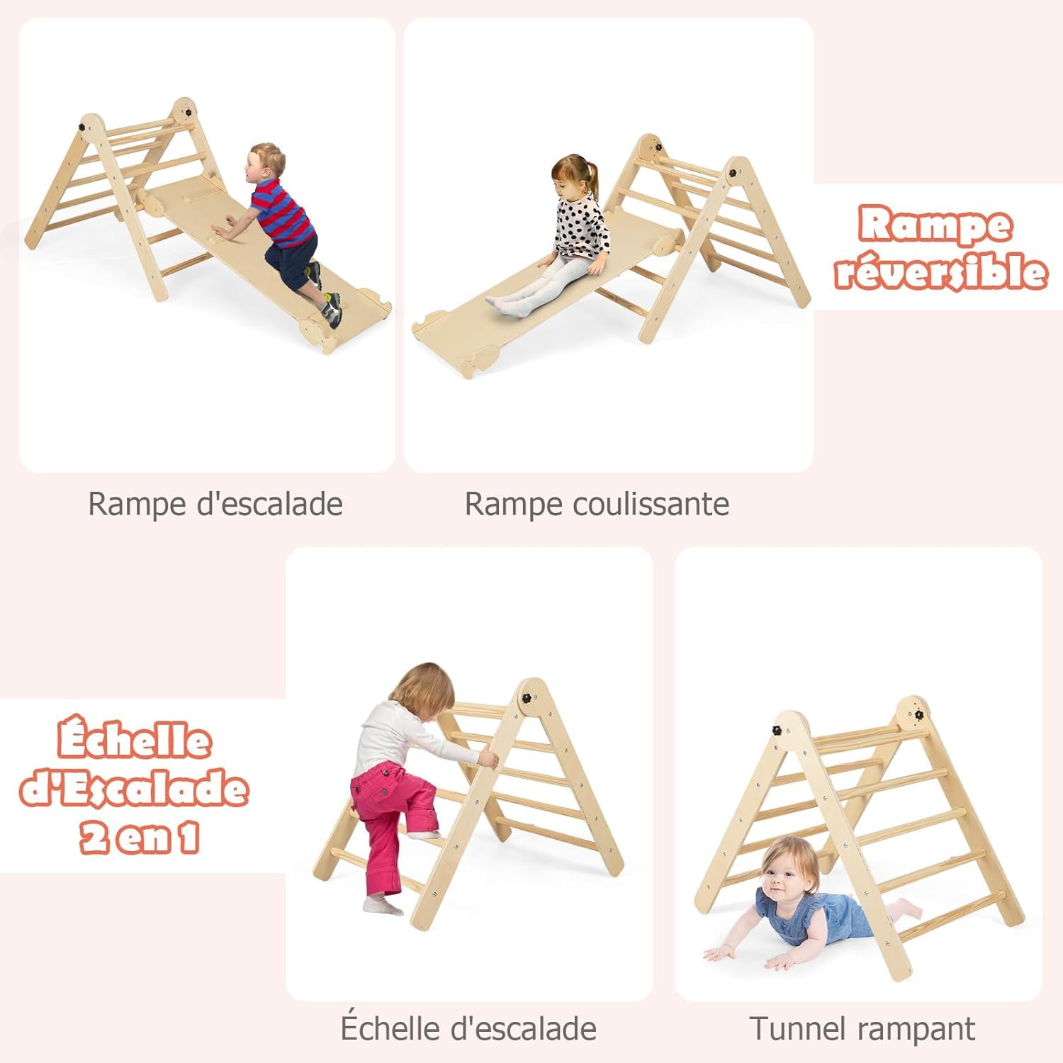 GOPLUS 4-in-1 Foldable Montessori Climbing Triangle with Slide & Ramp - Indoor Play Gym for Kids Ages 3-9 Years - 60KG Weight Capacity (Natural Wood) - Perfect for Home Playrooms, Daycares & Montessori Learning Spaces