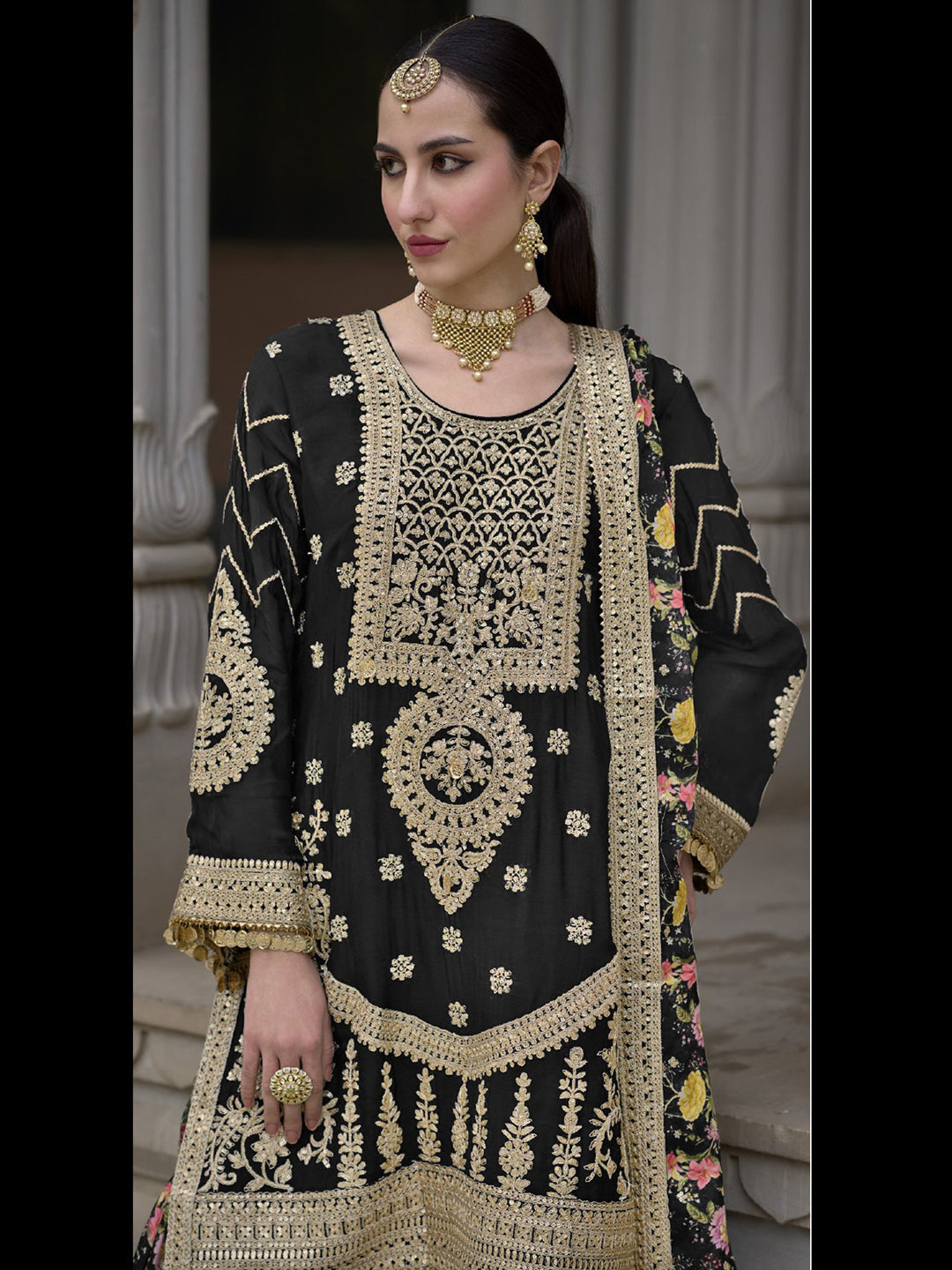 Elegant Black Heavy Chinon Designer Sharara Suit with Embroidery, Sequins & Mirror Work - Perfect for Weddings, Parties & Special Occasions