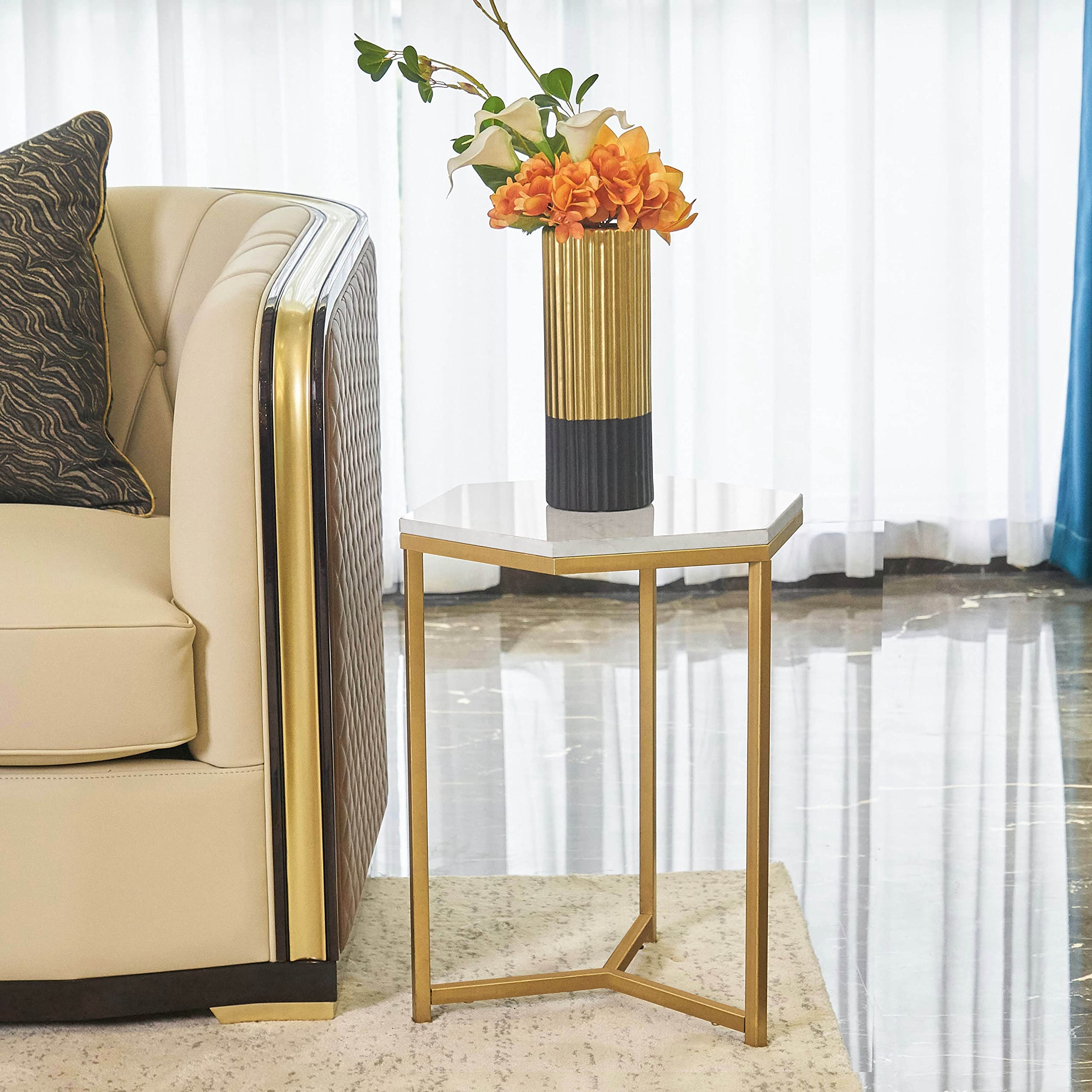 Hexagon Side Table with Gold Accent & Faux Marble Top - White Nightstand for Living Room, Bedroom or Home Office - Small Space End Table (16