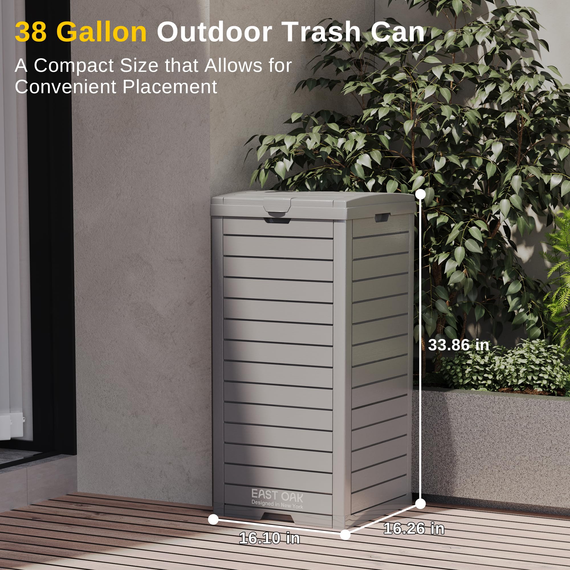 EAST OAK 38 Gallon Outdoor Waterproof Resin Trash Can with Tiered Lid & Drip Tray - Heavy Duty Garbage Bin for Patio, Backyard, Deck & Kitchen - Gray Outdoor Trash Container for Waste Disposal & Recycling
