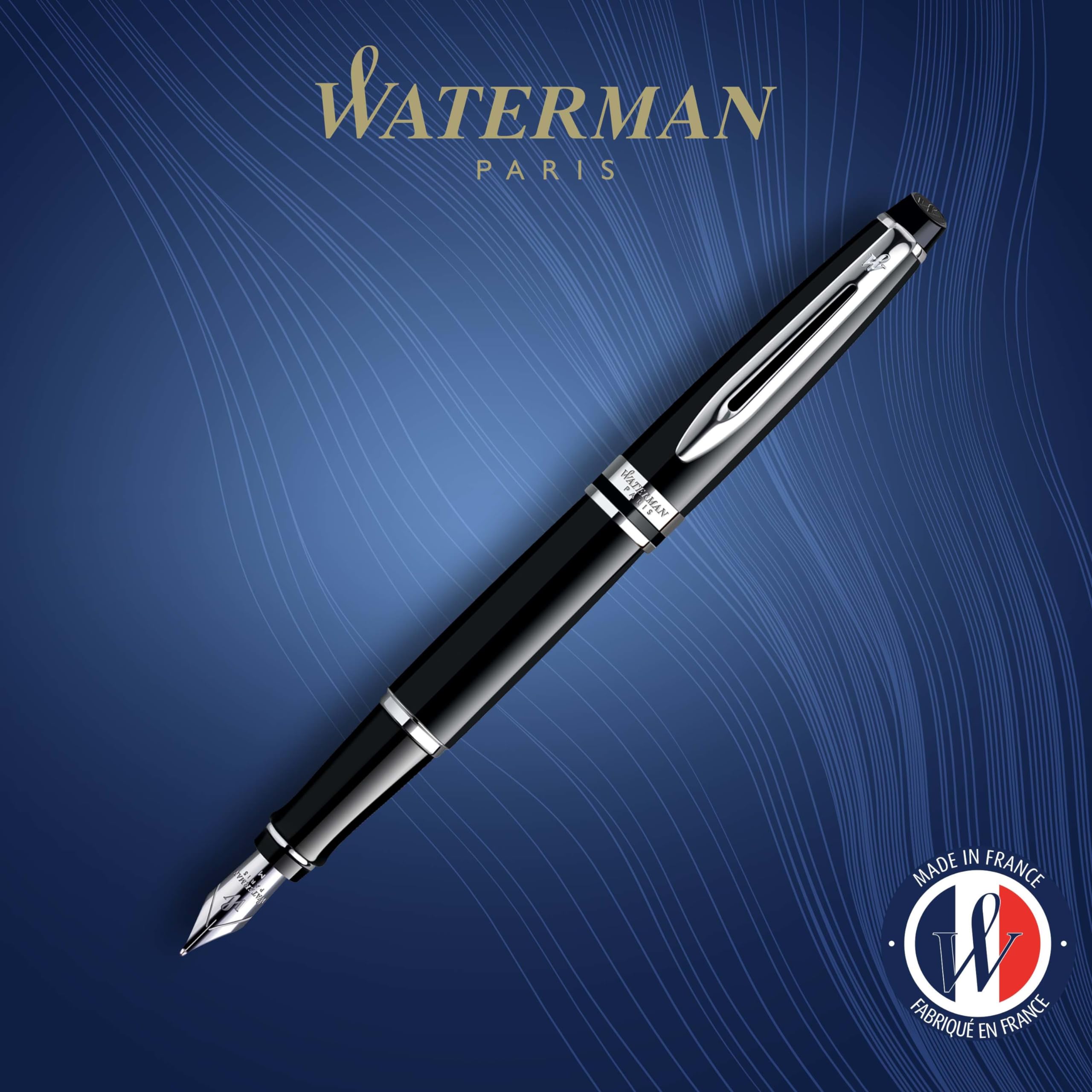 Waterman Expert Fountain Pen - Gloss Black with Chrome Trim, Medium Nib & Blue Ink Cartridge - Premium Gift Box for Writing Enthusiasts | Perfect for Business Signatures, Journaling & Elegant Gifts