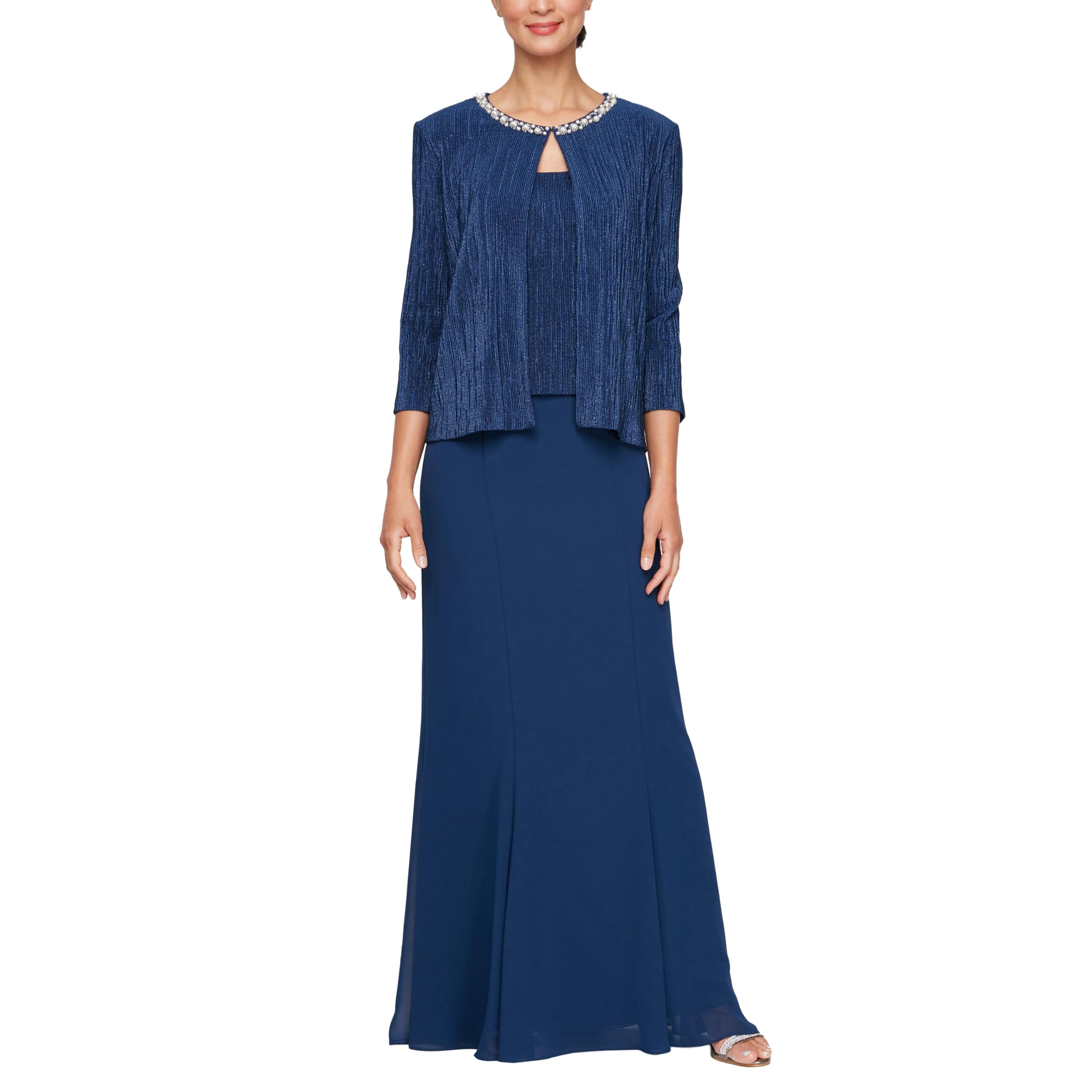 Alex Evenings Women's Plus Size Long Scoop Neck Formal Gown with Embellished Jacket - Elegant Wedding Guest Dress for Mother of the Bride, Evening Gala & Special Occasions