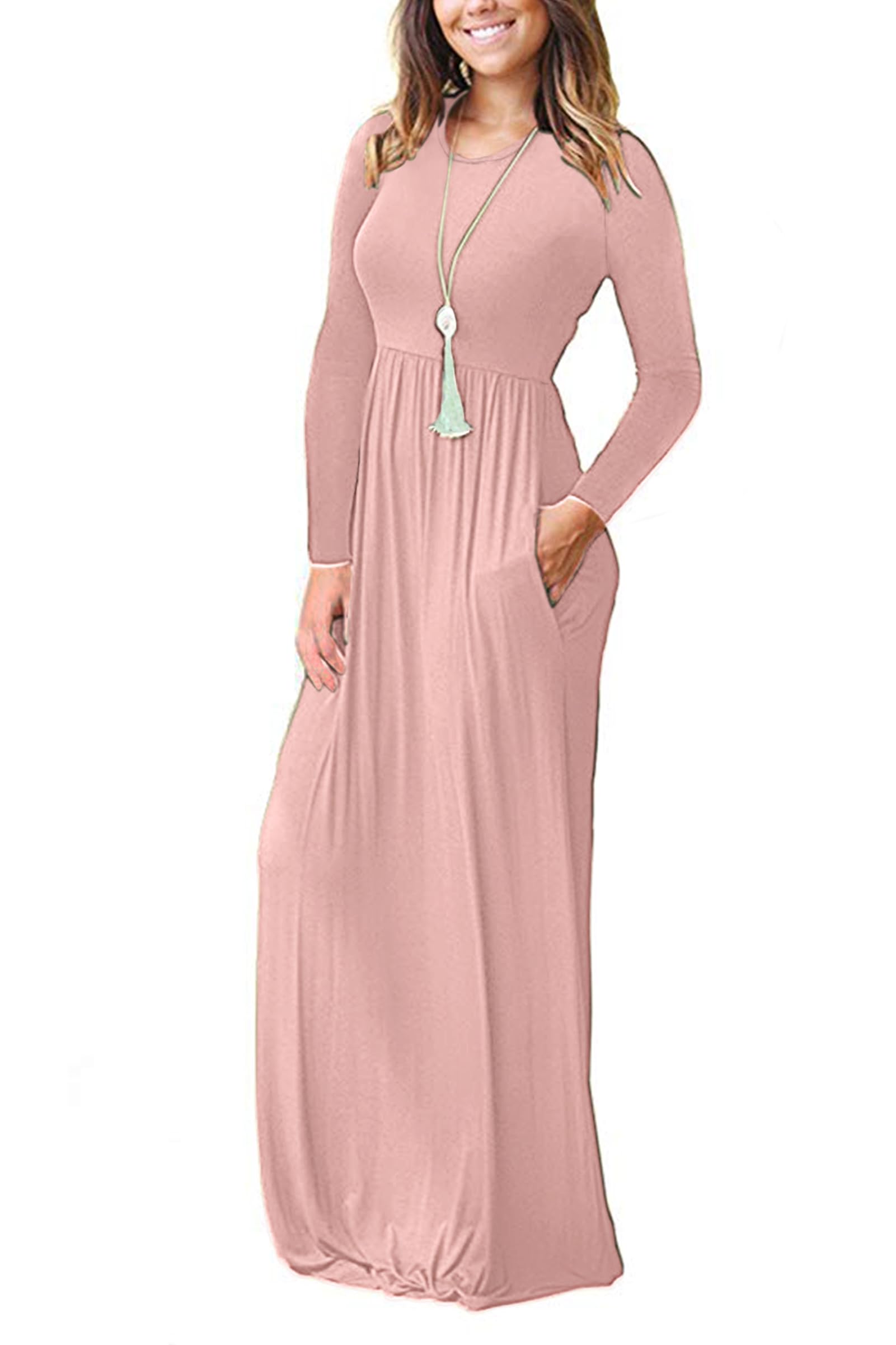 MISFAY Women's Long Sleeve Loose Plain Maxi Dress with Pockets - Casual Flowy Long Dress for Everyday Wear, Beach, Travel & Date Night