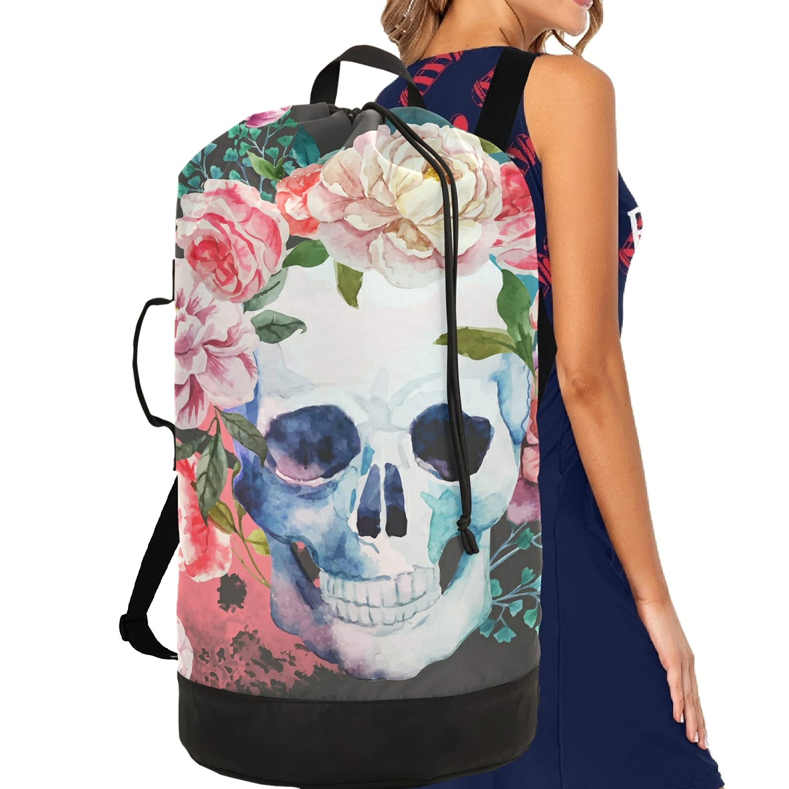 Flowers Skull Laundry Backpack - Heavy Duty Wash Bag with Adjustable Shoulder Straps, Foldable Travel Laundry Bag for Laundromat, Dorm, Camping & Luggage Storage
