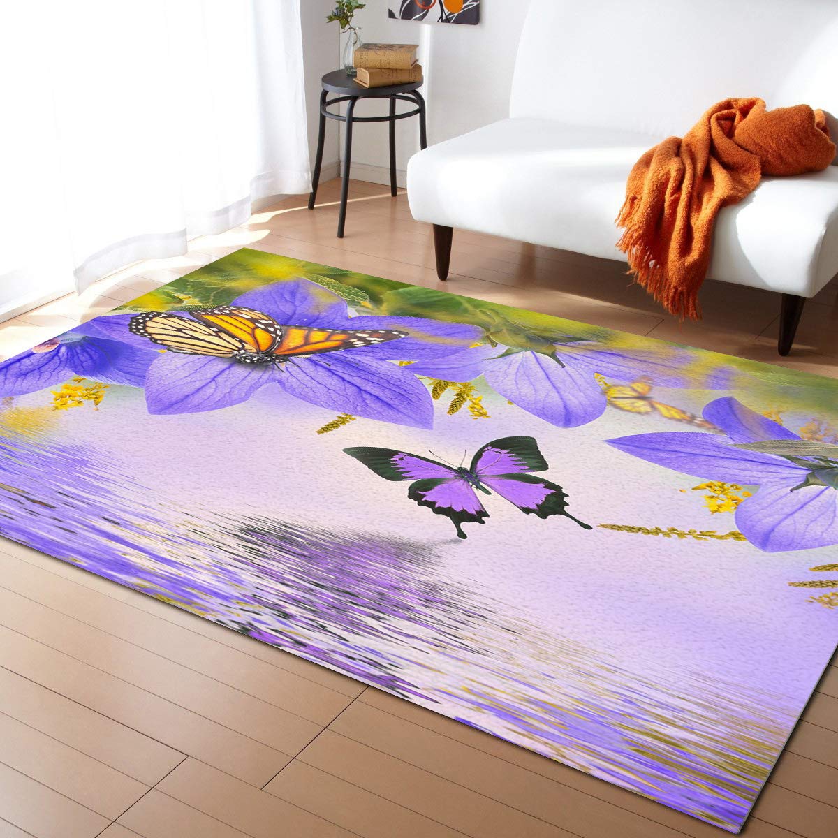 5'x8' Buttery Soft Purple Flower Area Runner Rug - Indoor Outdoor Washable Carpet for Kitchen, Living Room, Bathroom, Bedroom, Classroom & Laundry | Lake Scene Welcome Doormat for Entryway, Desk & Floor Decor