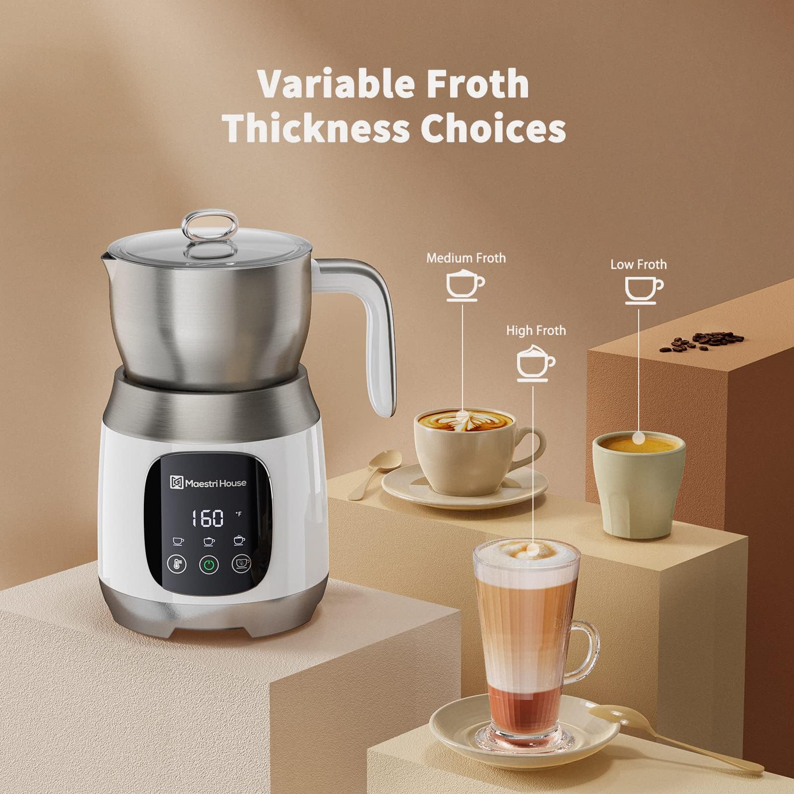 Maestri House Electric Milk Frother and Steamer - 21OZ/600ML Variable Temperature Control with Smart Touch, Adjustable Froth Thickness for Latte, Cappuccino & Hot Chocolate - Dishwasher Safe with Memory Function - Perfect for Home Coffee Bars, Office Use & Gift Giving