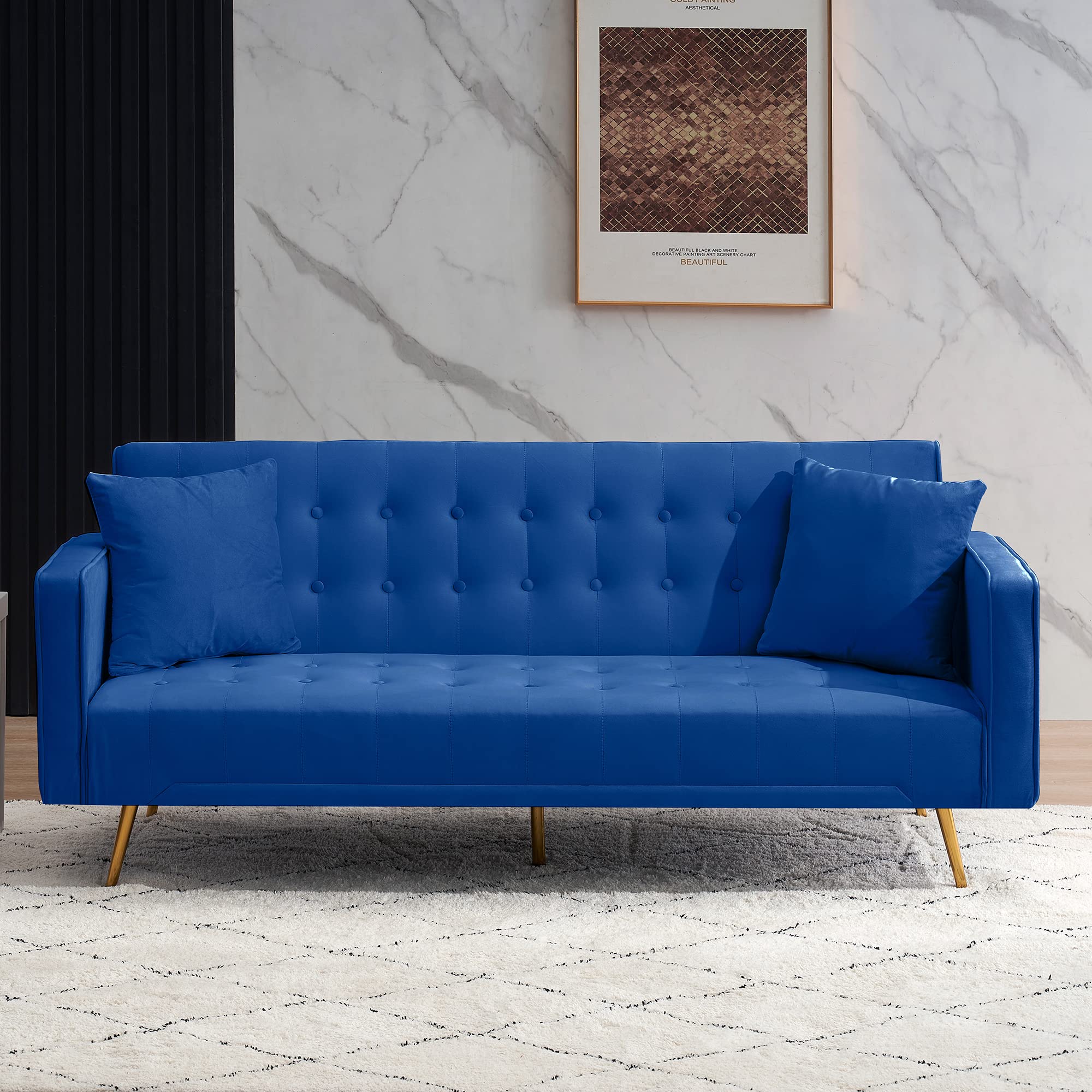 Modern Velvet Convertible Futon Sofa Bed - 3 Adjustable Backrest Angles, Gold Metal Legs, 71