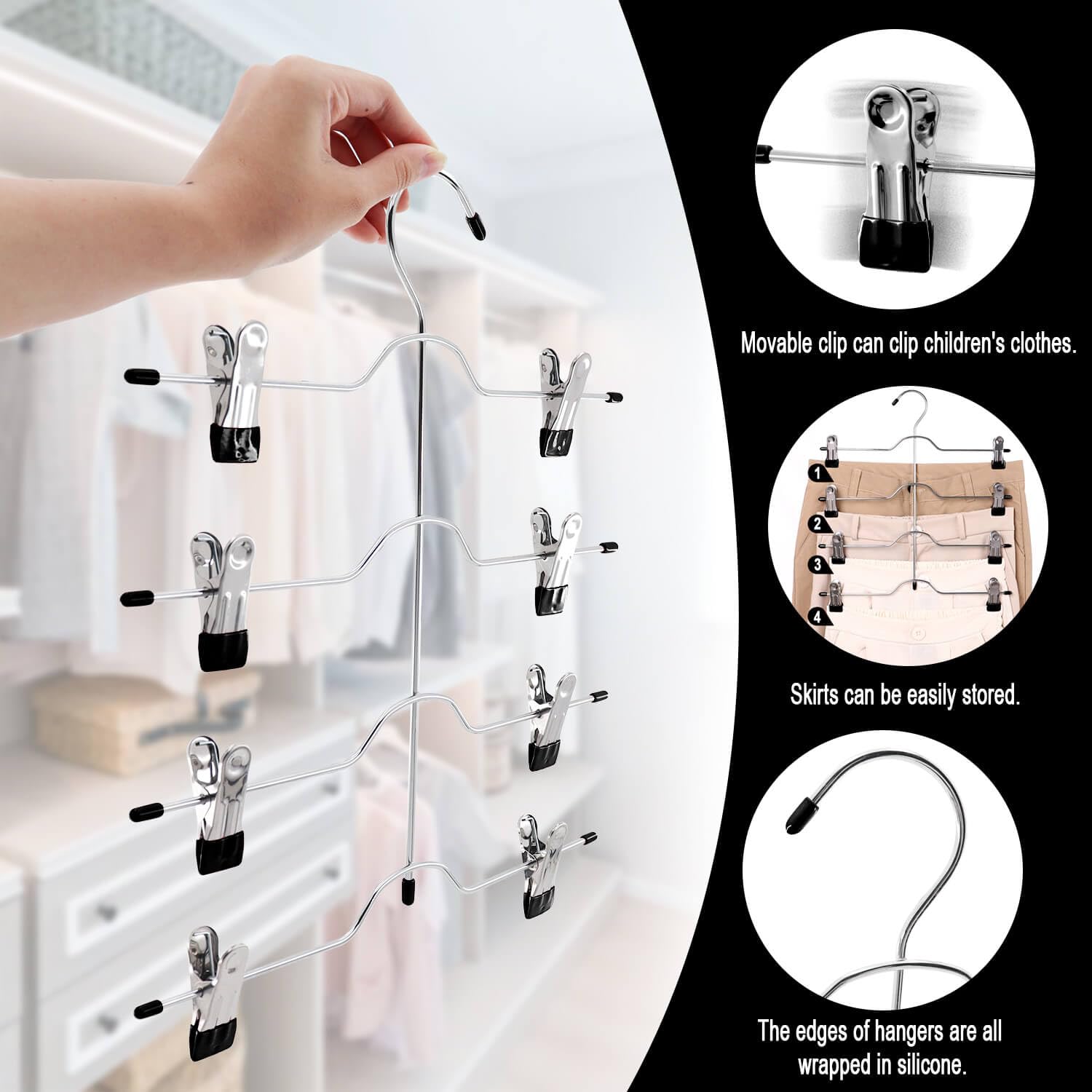 4 Tier Space Saving Skirt Hangers - Heavy Duty Metal Non-Slip Closet Organizer for Pants, Shorts & Clothes - Dorm Room Essentials (Black, 3 Pack) - Perfect for Small Spaces & Wardrobe Organization