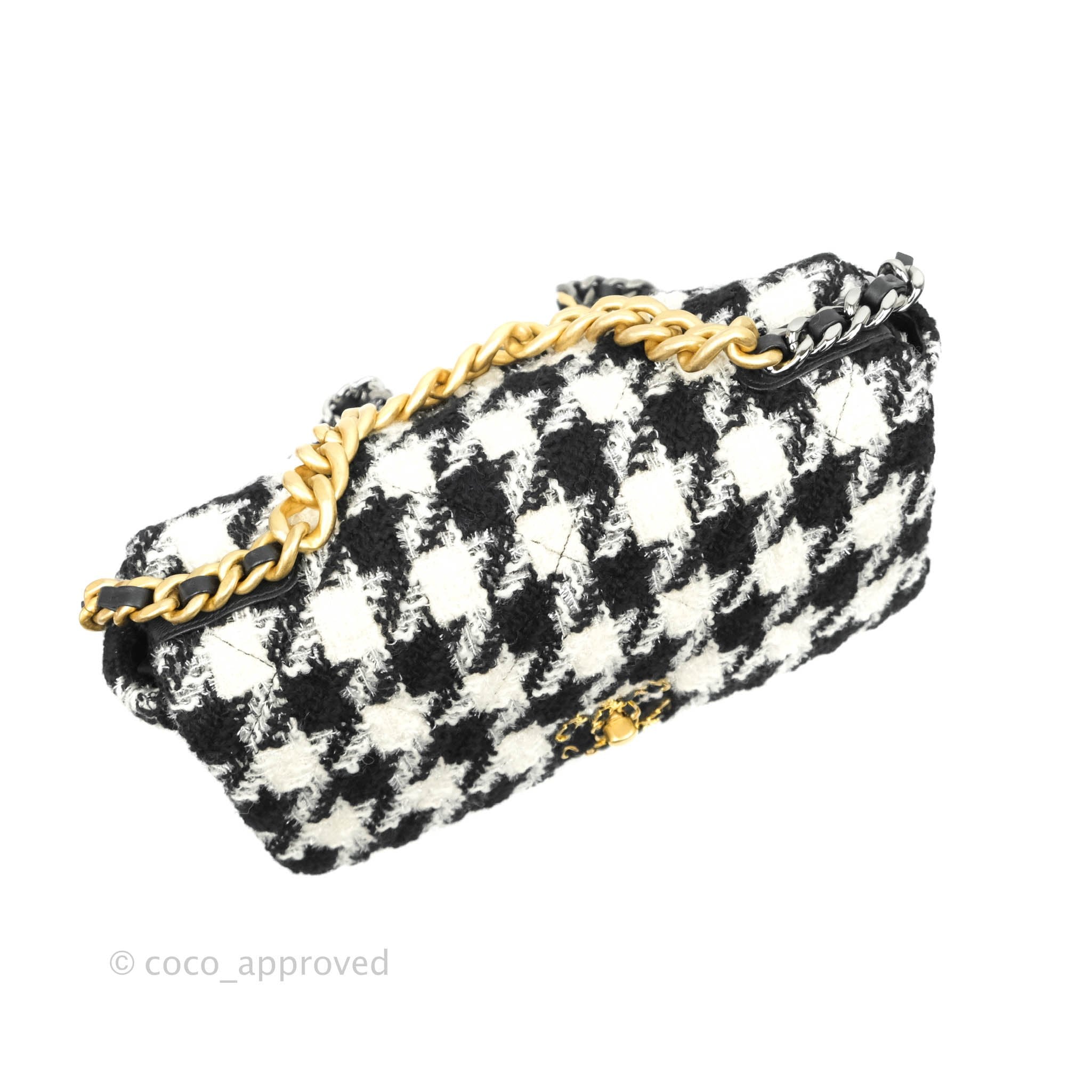 Chanel 19 Medium Flap Bag - Black & White Houndstooth Tweed with Mixed Hardware | Luxury Designer Handbag for Women, Perfect for Work, Parties & Special Occasions