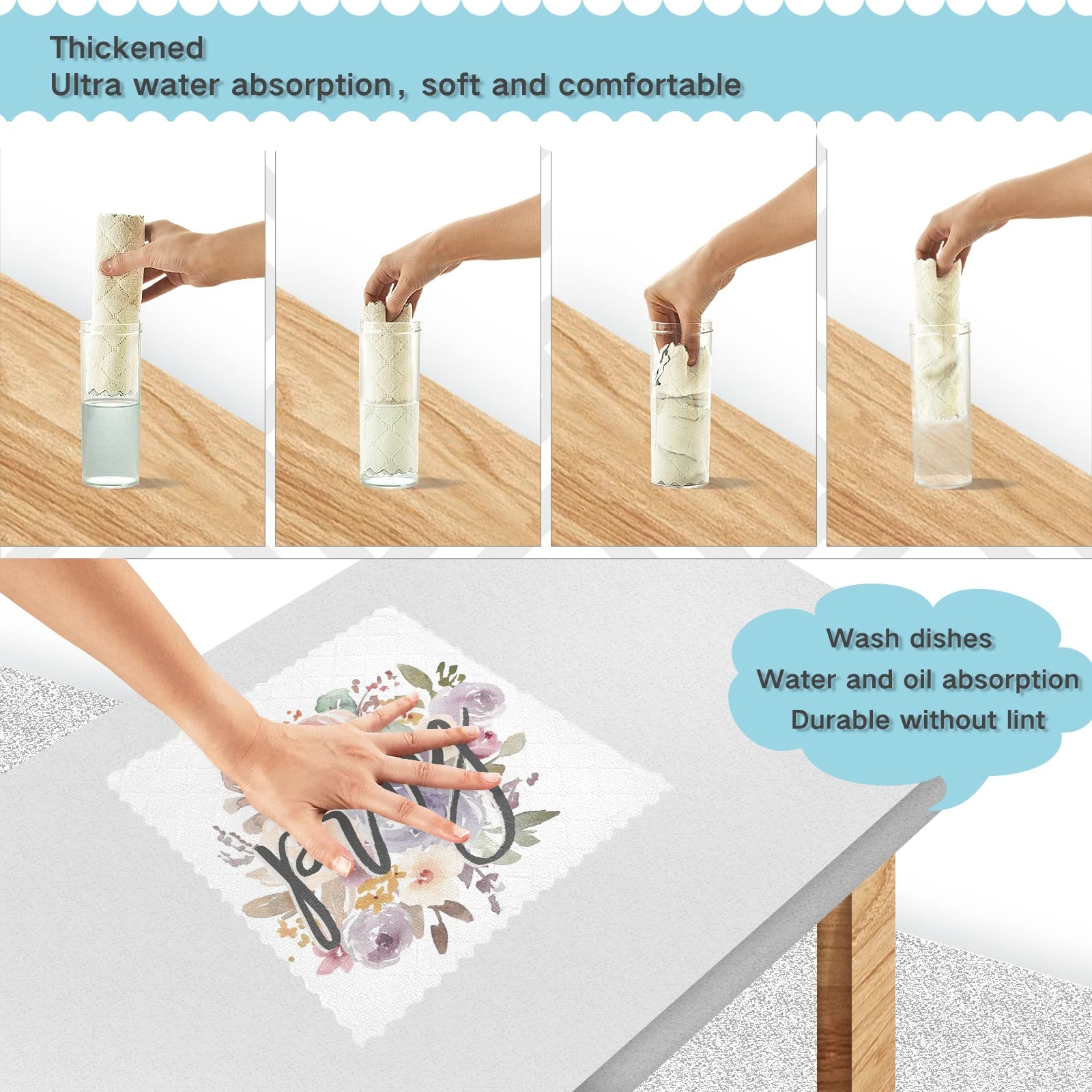 ALAZA Super Absorbent & Lint-Free Dish Towels Set of 6 - 11x11 Inch Religious Rose Flower Design Kitchen Cleaning Cloths for Dishes, Bar, Tea & Home Decor - Soft & Durable Kitchen Accessories