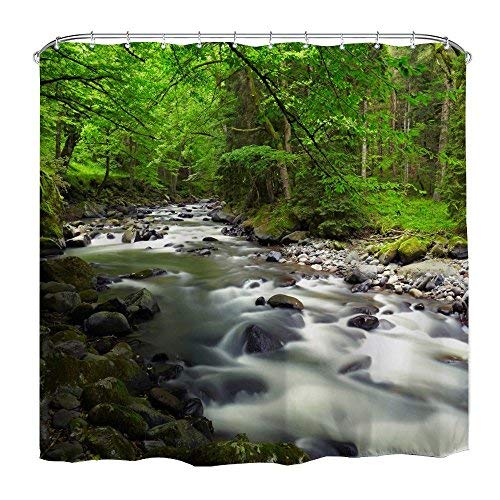 Crystal-Clear Stream Shower Curtain - Green Moss & Cobblestone Forest Landscape Design for Bathroom Decor | Nature-Inspired Bath Accessory for Spa-Like Relaxation
