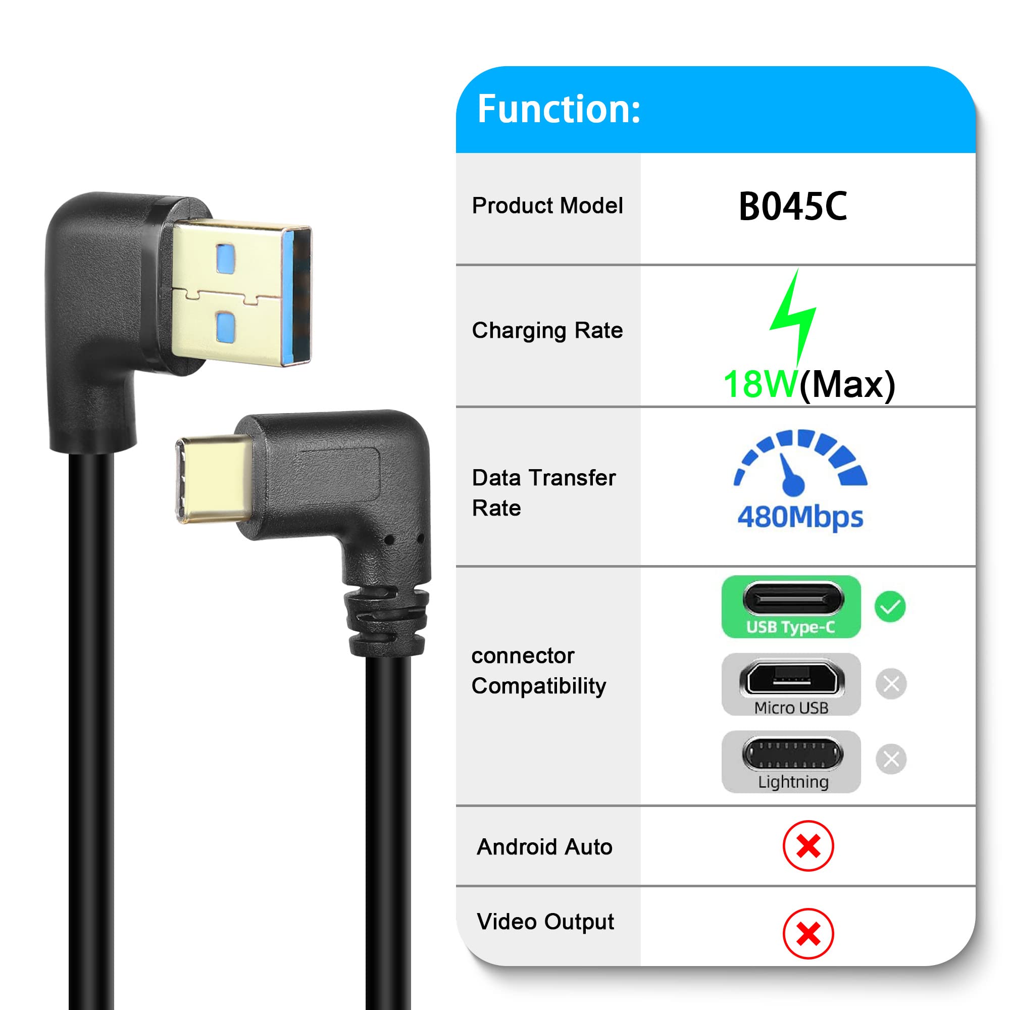 GELRHONR 18W Fast Charging USB A to USB C Cable - Gold Plated 90 Degree Short Left Angle (0.25M, Black) for Smartphones, Tablets & Laptops - Quick Charge & Data Sync