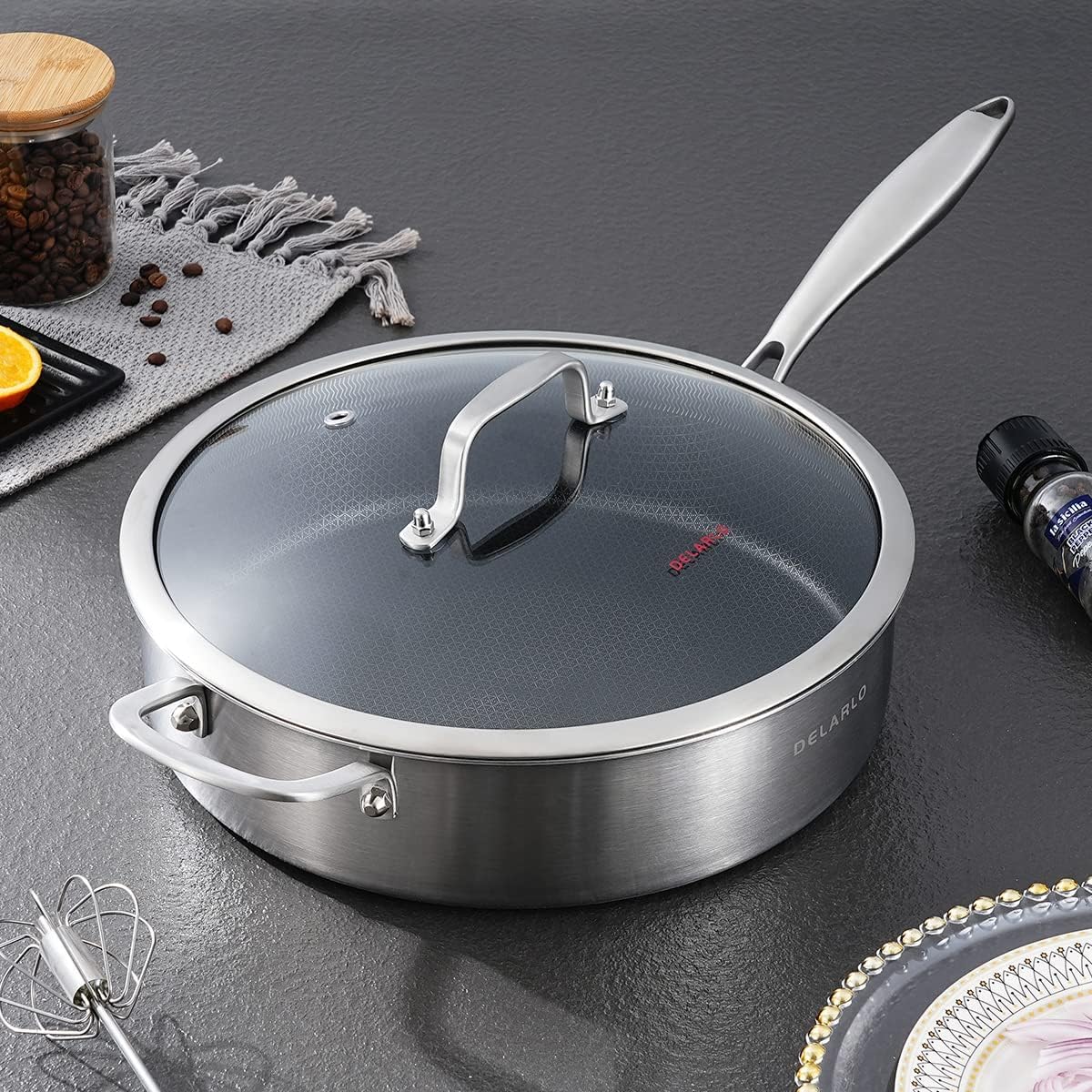 DELARLO 12.5 Inch Tri-Ply Stainless Steel Deep Saute Pan with Lid - 7QT Jumbo Nonstick Frying Pan, Induction Compatible Large Skillet for Professional Chefs - Oven & Dishwasher Safe - Perfect for Stir-Frying, Deep Frying & Searing Meats