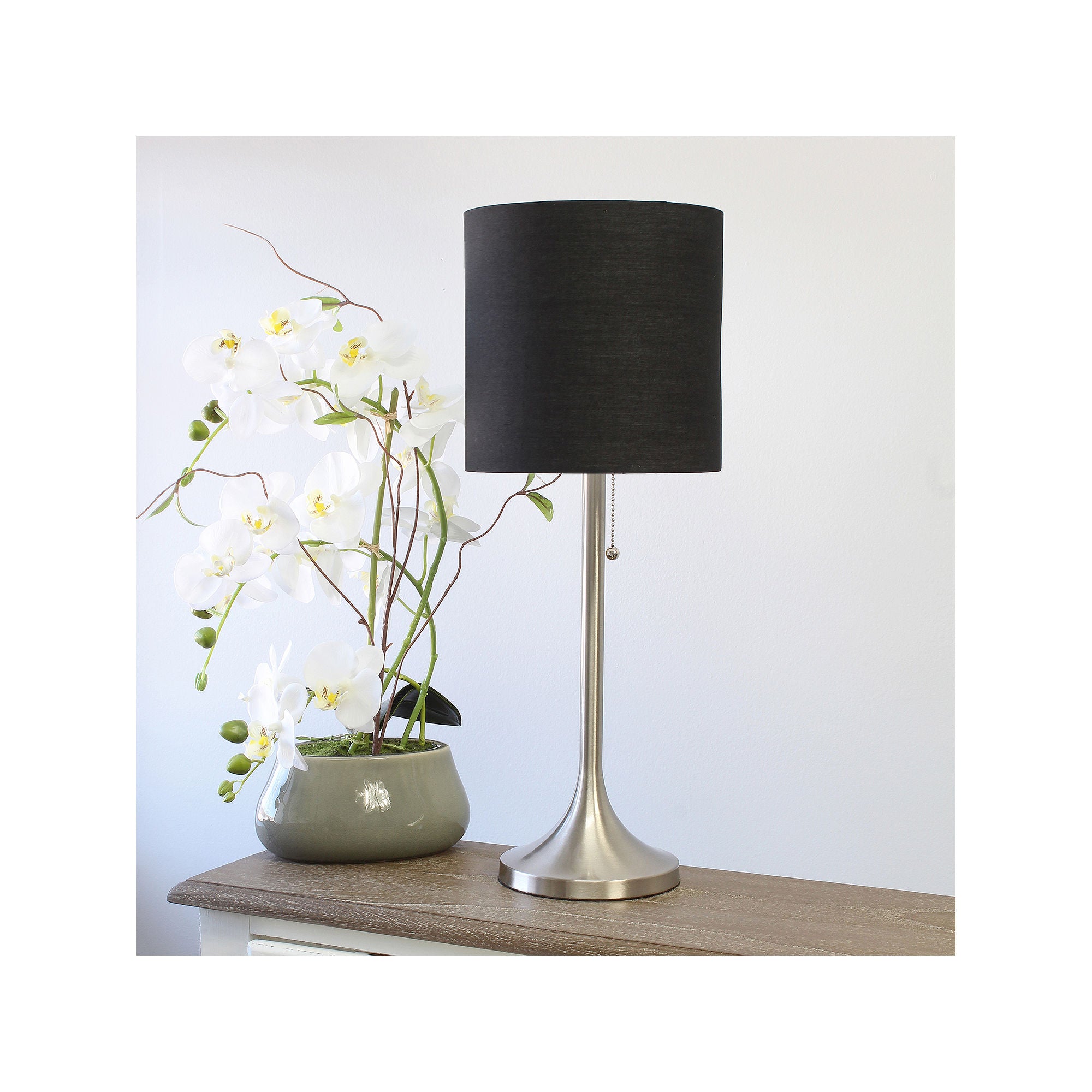 Brushed Nickel Tapered Table Lamp with Black Shade - National Brand Metal Desk Light for Living Room, Bedroom, or Office Decor