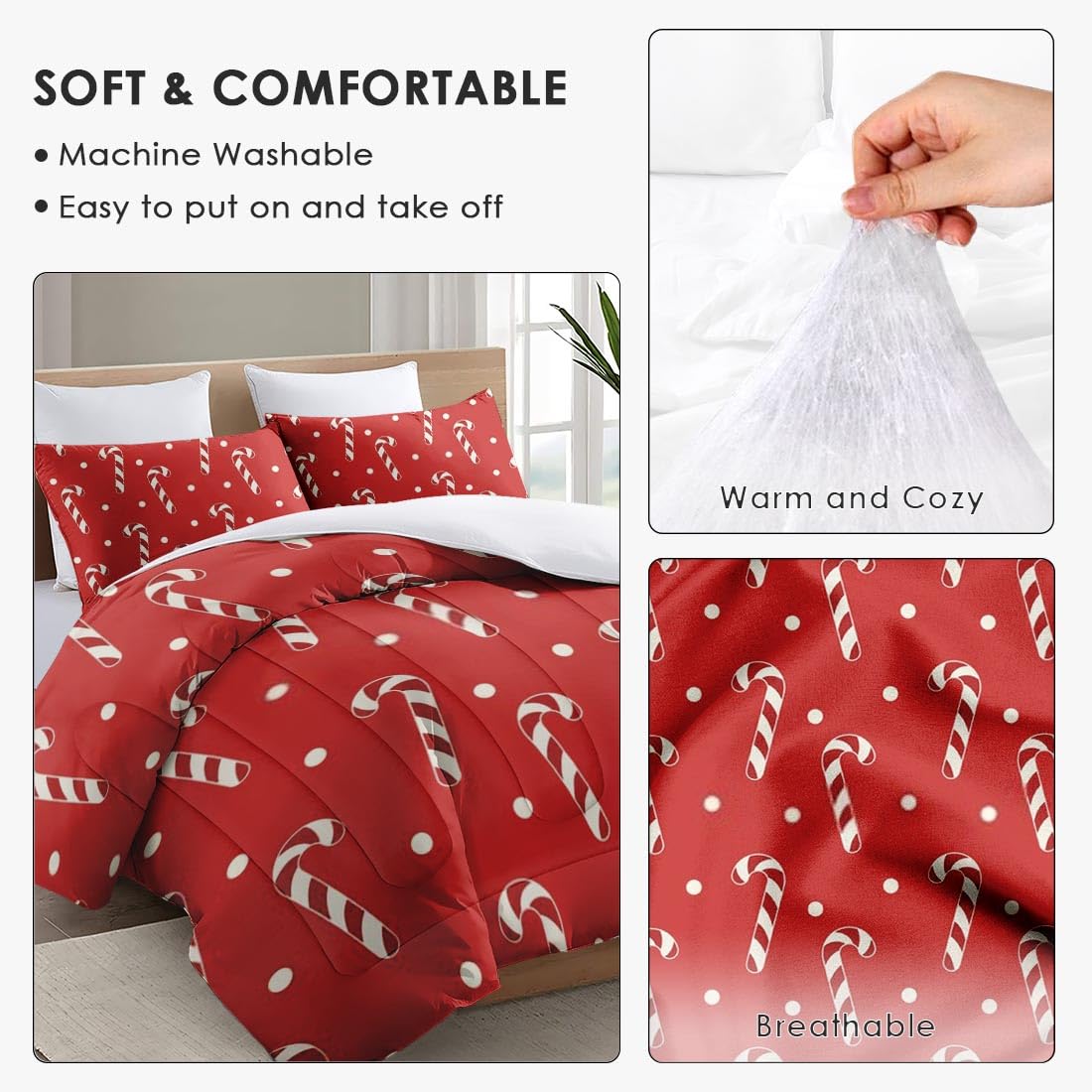 Christmas Red Cream Polka Dot Comforter Set Queen Size - Soft Xmas Candy Bedding Set for Kids & Adults with 2 Pillowcases - Perfect for Holiday Bedroom Decor & Cozy Winter Nights