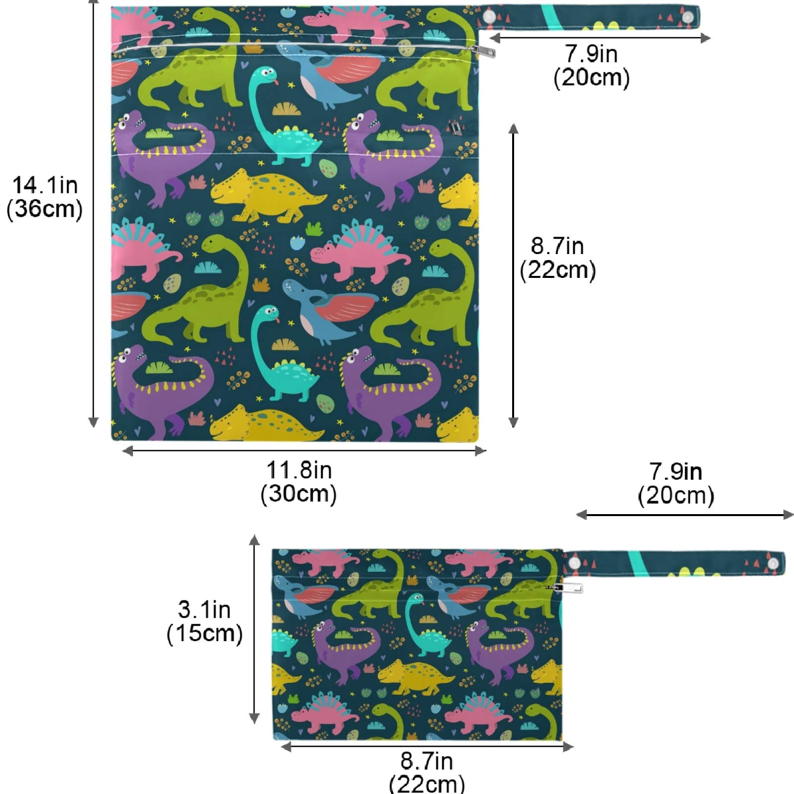 Visesunny 2-Pack Colorful Dinosaur Wet Bags with Zipper Pockets - Reusable & Washable Waterproof Organizer for Baby Diapers, Swimsuits, Gym Clothes - Perfect for Travel, Beach, Pool, Daycare, Stroller & Toiletries Storage
