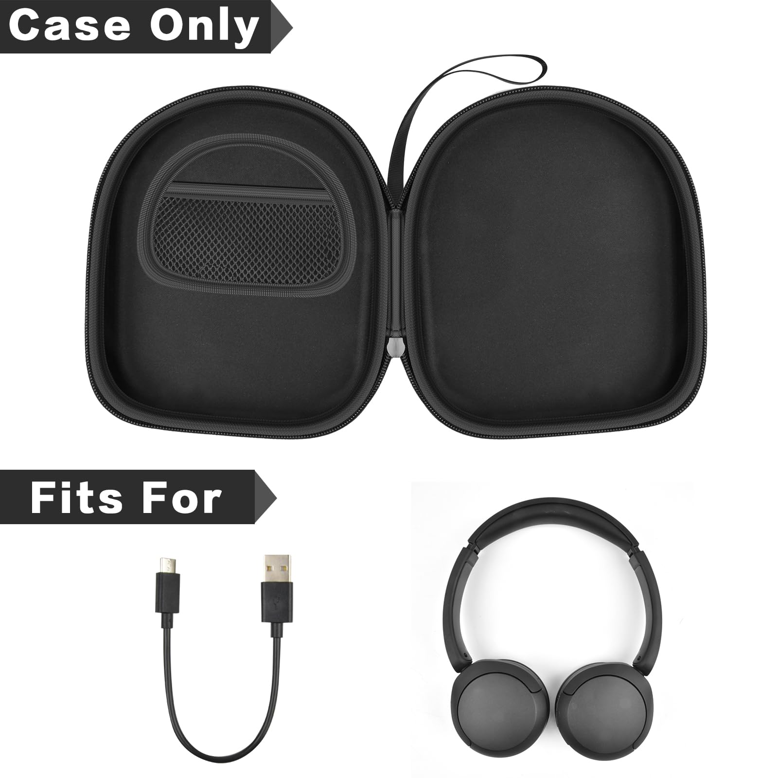 Premium Headphone Case for Sony WH-CH520 Wireless Bluetooth Headphones - Protective Storage Bag with USB Cable Pocket - Noise Cancelling On-Ear Headset Accessory - Ideal for Travel, Work & Commuting - Black (Box Only)